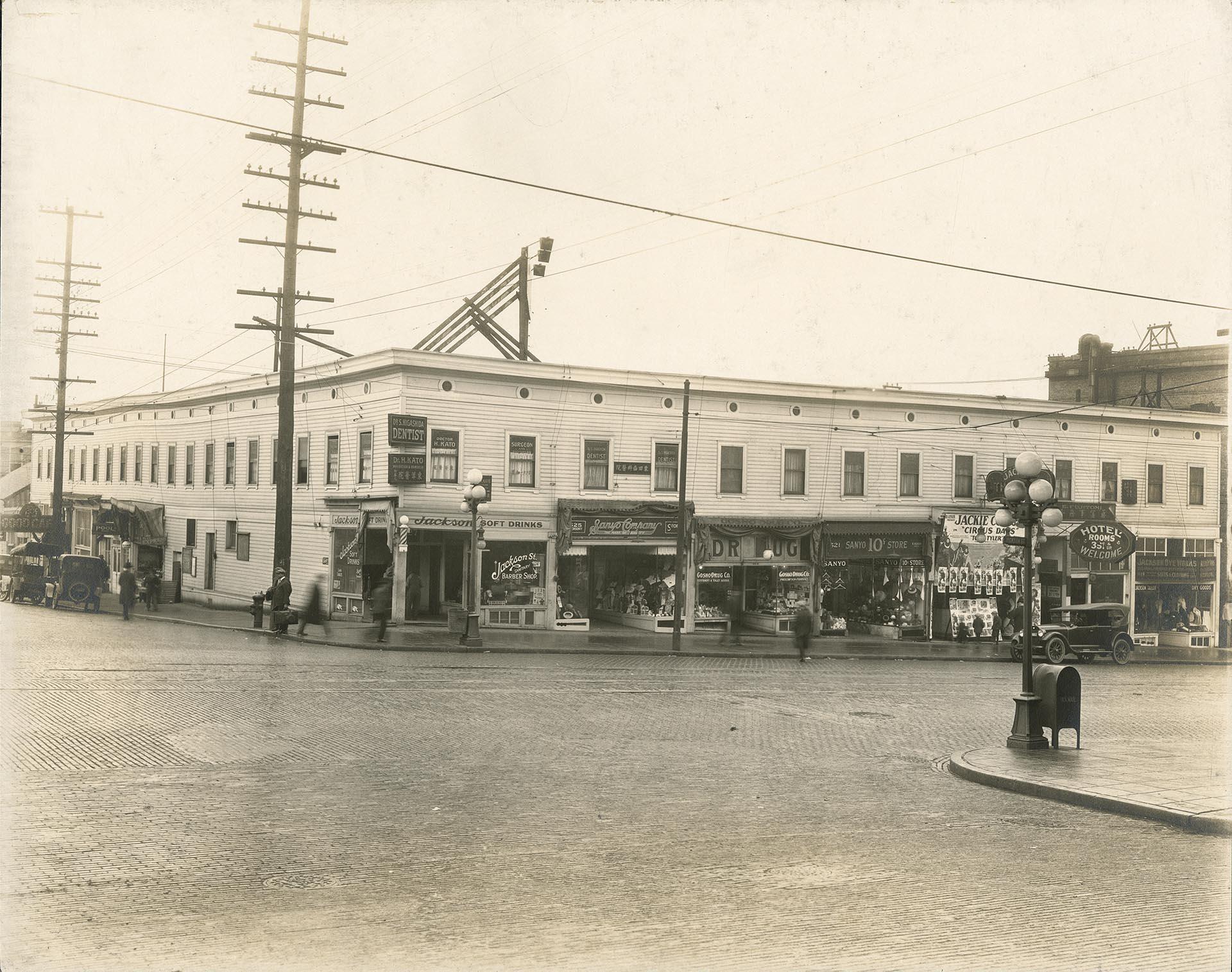 Image of Southwest corner of S. Jackson St. and 6th Ave S., Seattle, circa 1925