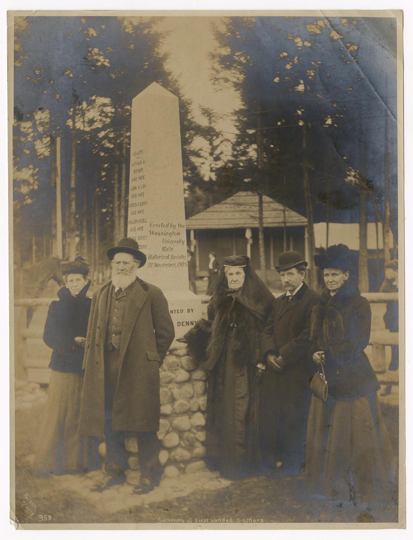 Image of Surviving members of Denny Party at Alki Point monument, Seattle, November 13, 1905