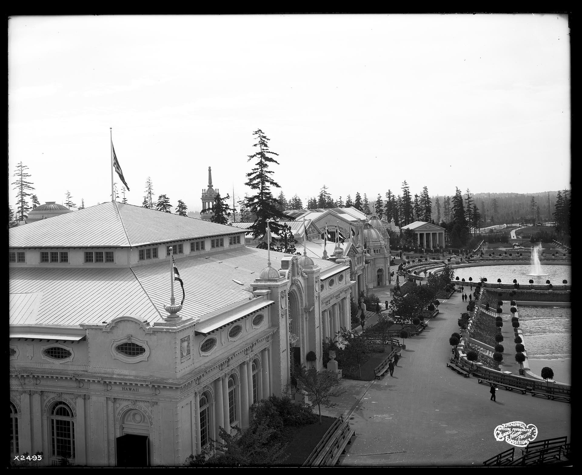 Image of Hawaii Building and Cascade Fountain at the Alaska-Yukon-Pacific Exposition, 1909