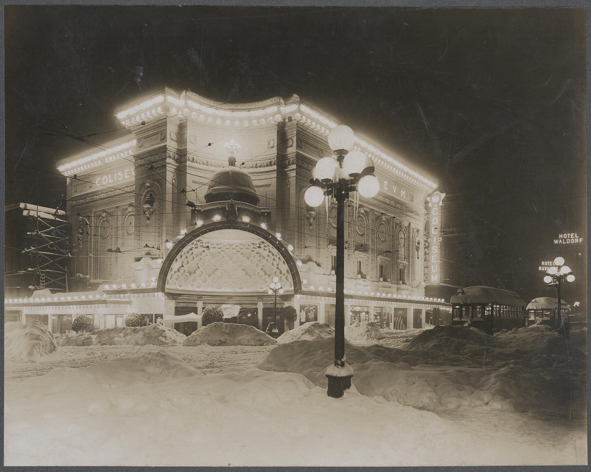 Image of Coliseum Theater at night in deep snow,  Seattle, 1916