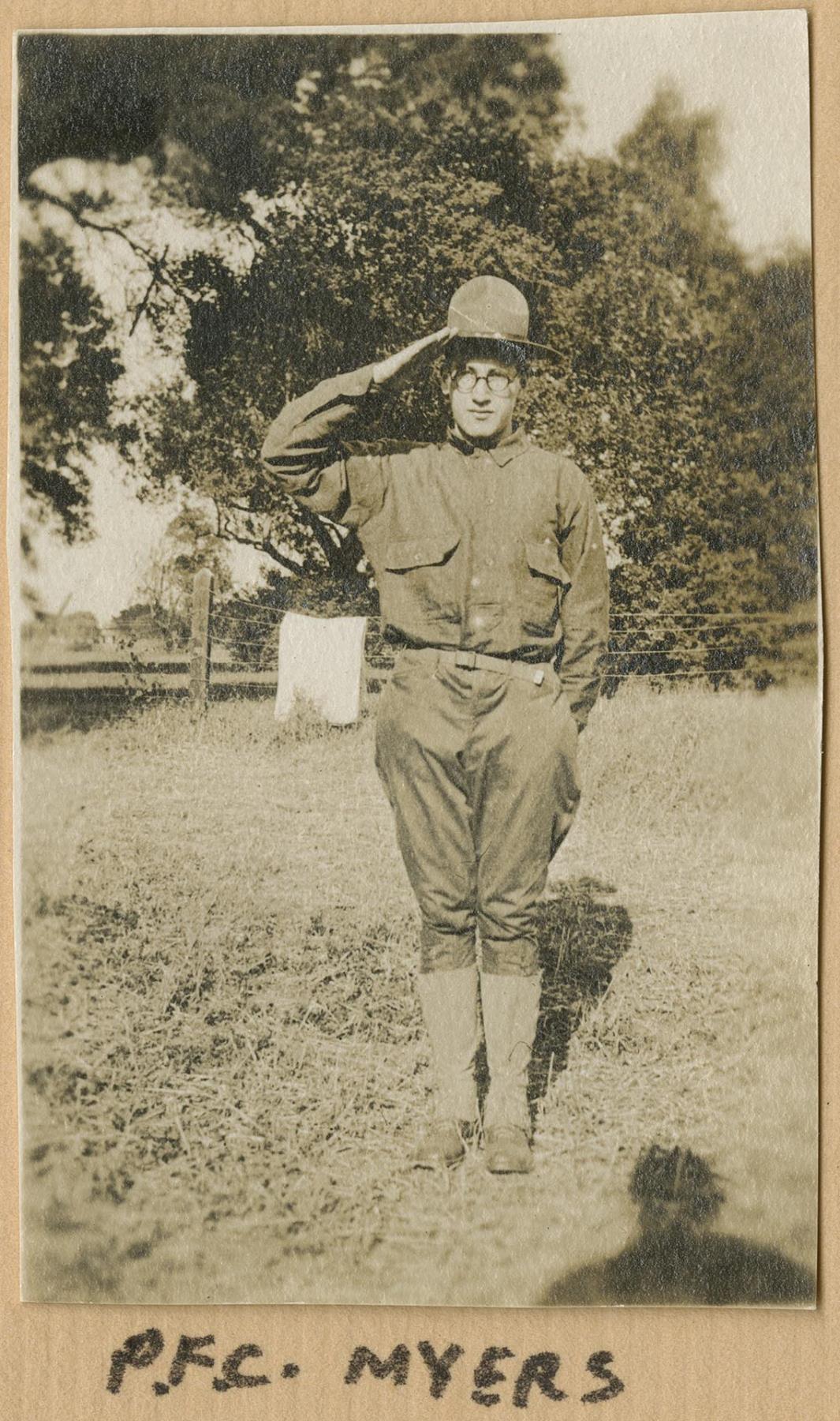 Image of P.F.C. Donald P. Myers, U. S. Army, posing at Camp Fremont, Palo Alto, California, 1918