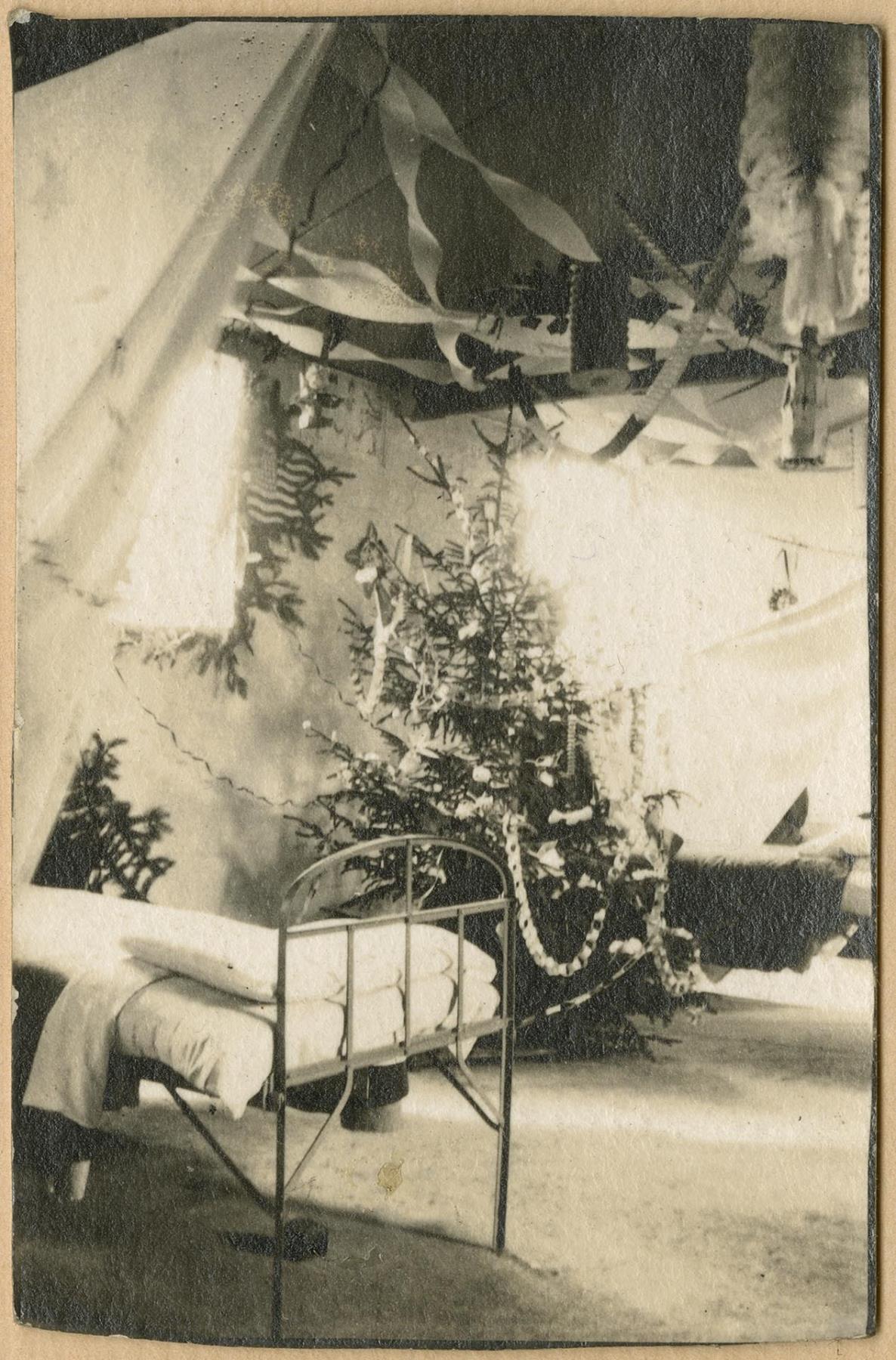 Image of Interior of tent decorated for Christmas at U. S. Army Base Hospital No. 50, Mesves sur Loire, France, December 1918