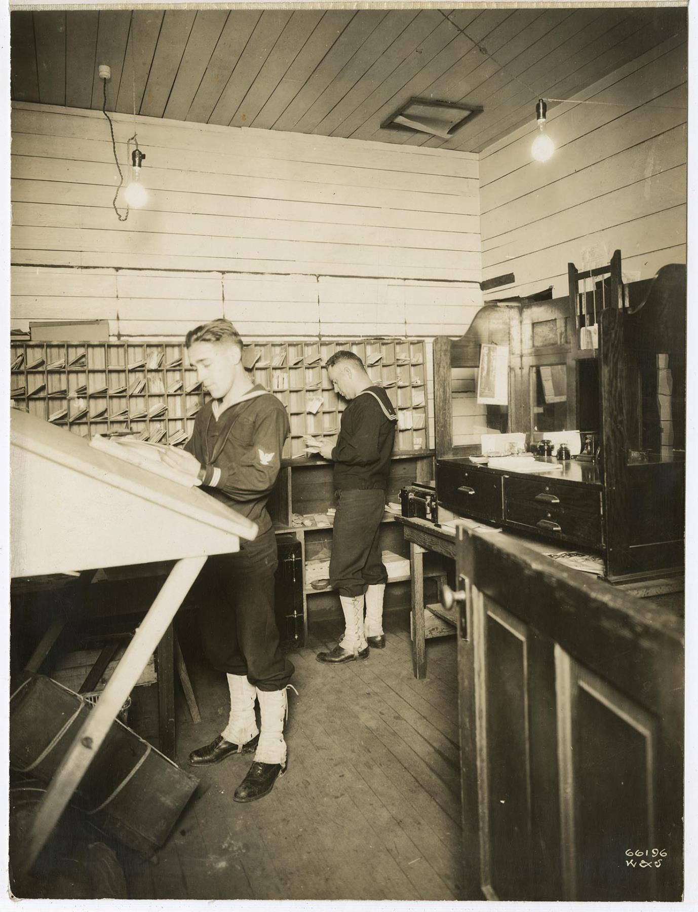 Image of Mail room at the Naval Training Station, Seattle, circa 1918