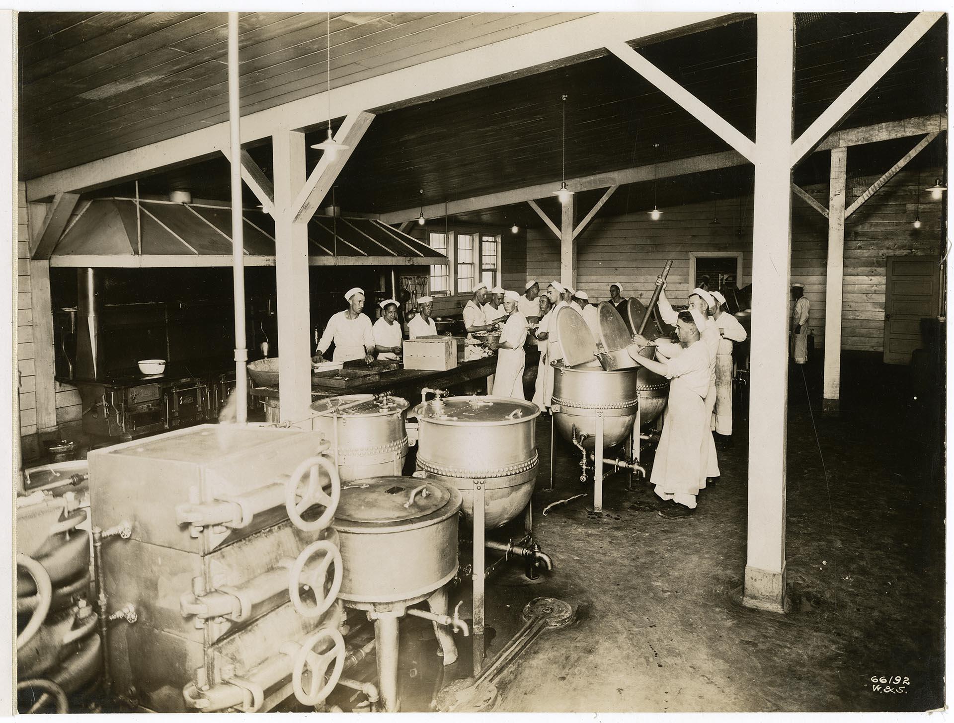 Image of Meal preparation at the Naval Training Station, Seattle, circa 1918