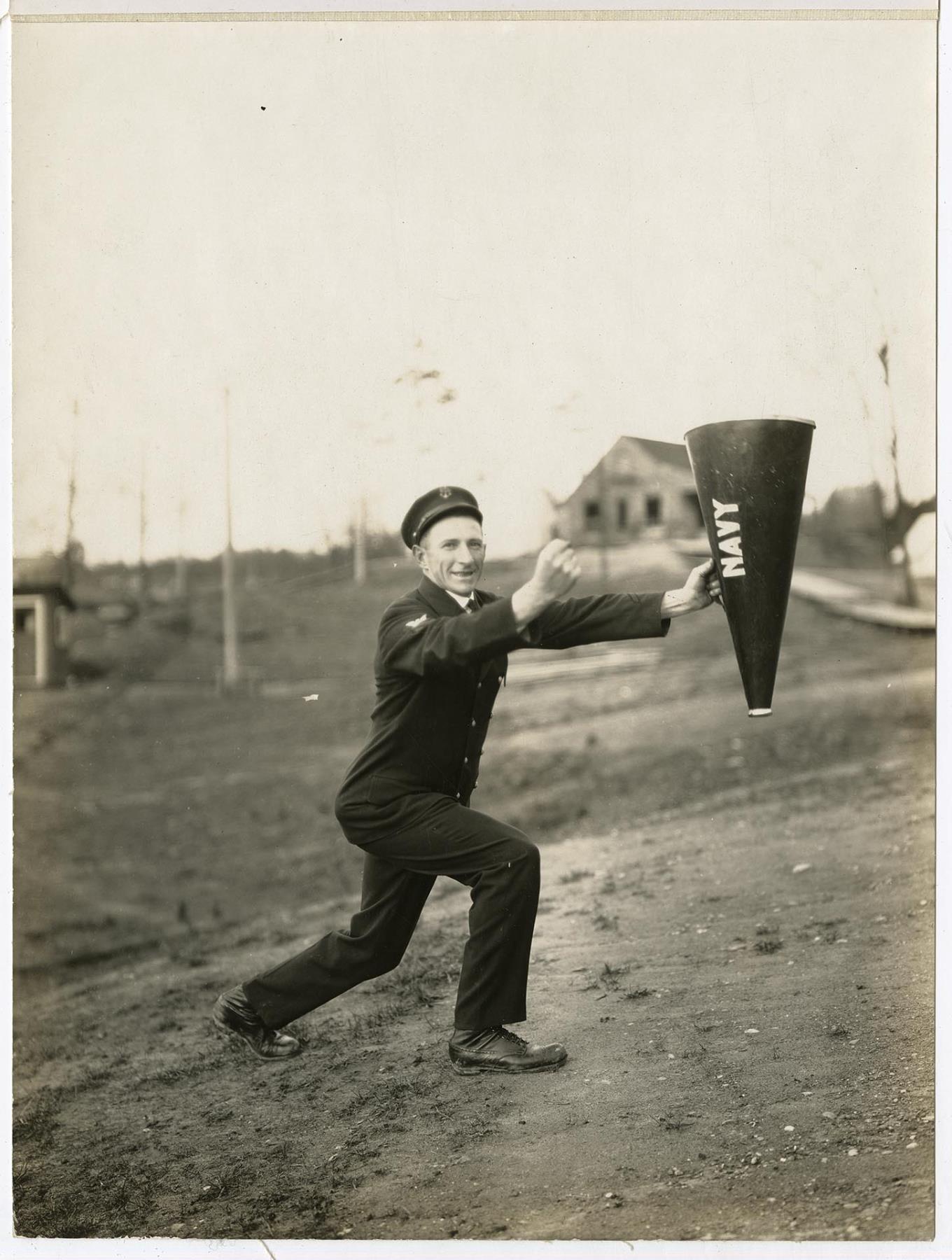 Image of Man with Navy megaphone at the Naval Training Station, Seattle, circa 1918