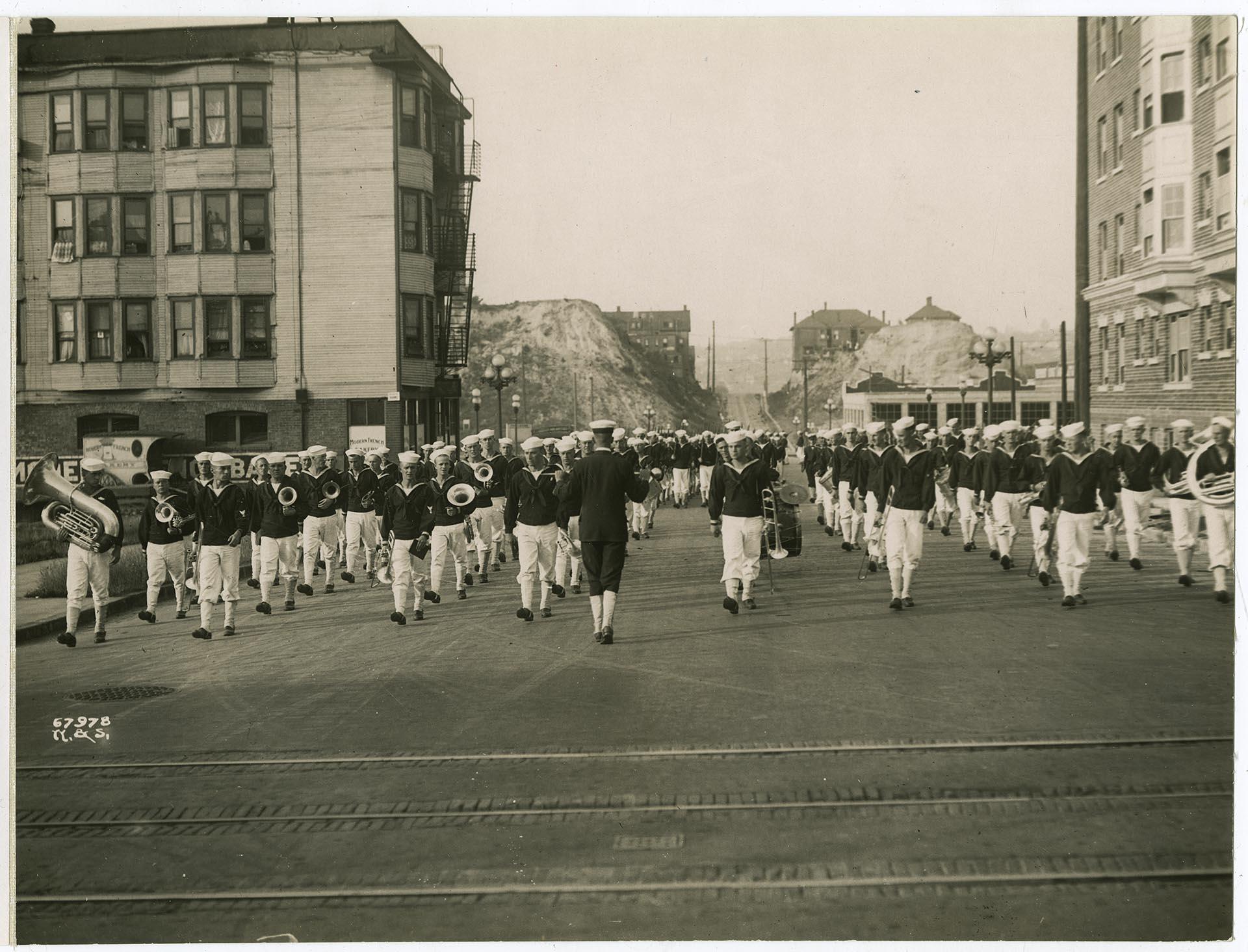 Image of Parade of Naval Training Station personnel, Seattle, circa 1918