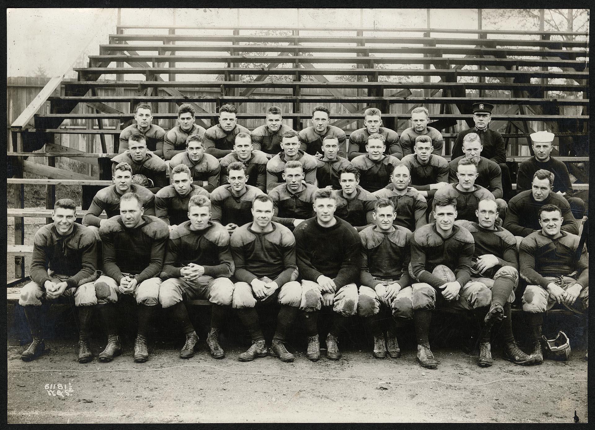 Image of Football team sitting on bleachers, U.S. Naval Training Station at University of Washington, 1917