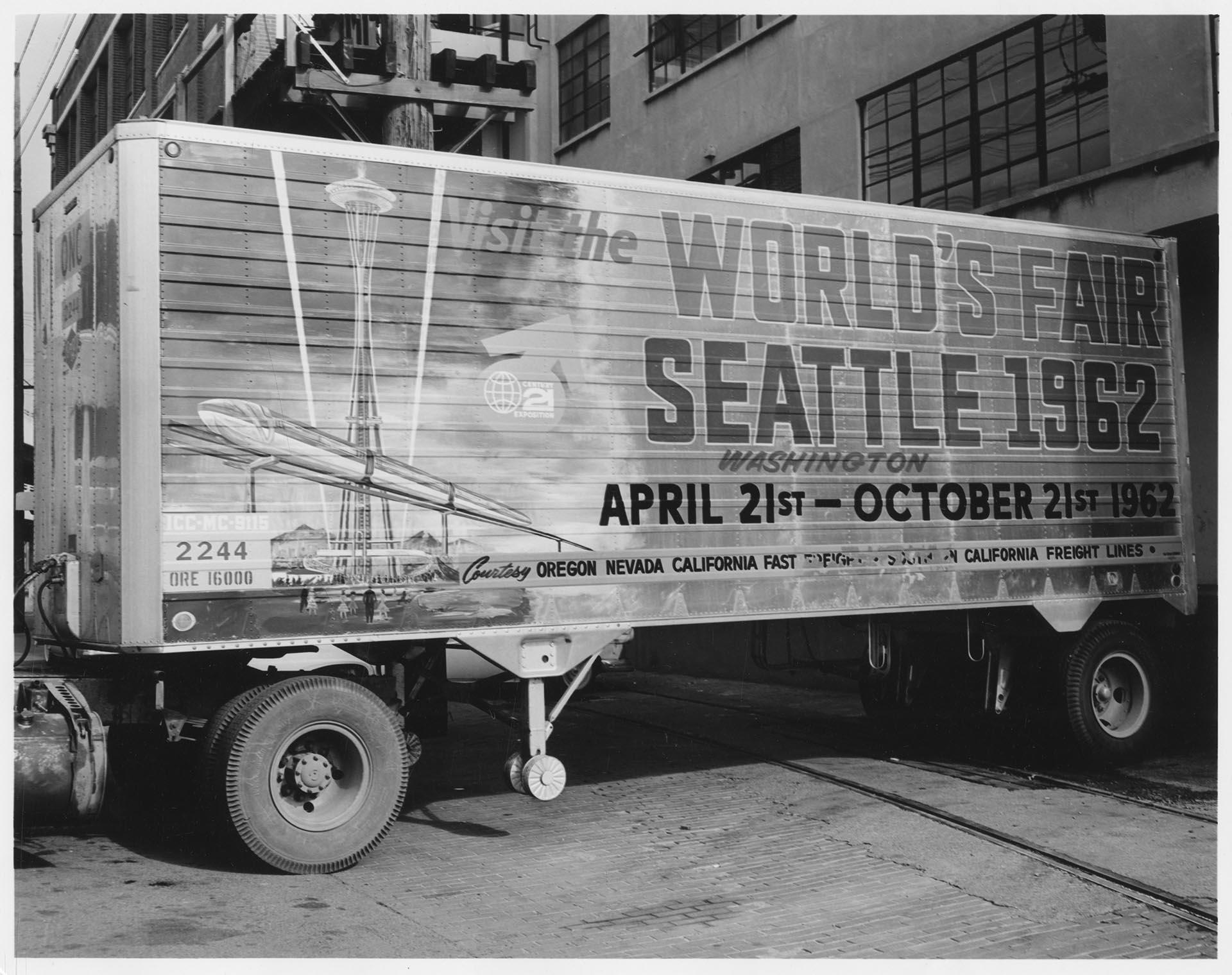 Image of Bemis Bag Co. trailer with 1962 Seattle World's Fair ad painted on side, 1962