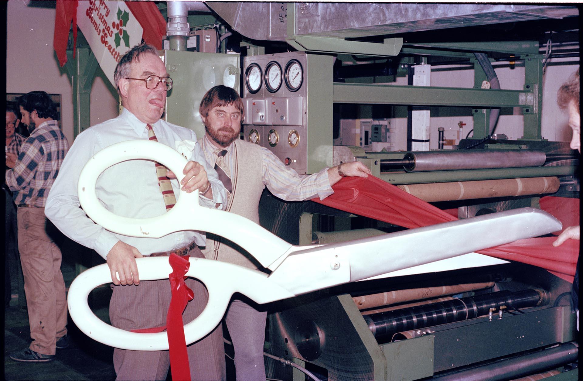 Image of Employees at dedication event for new Kidder press at Bemis Bag Co. Seattle factory, December 1981