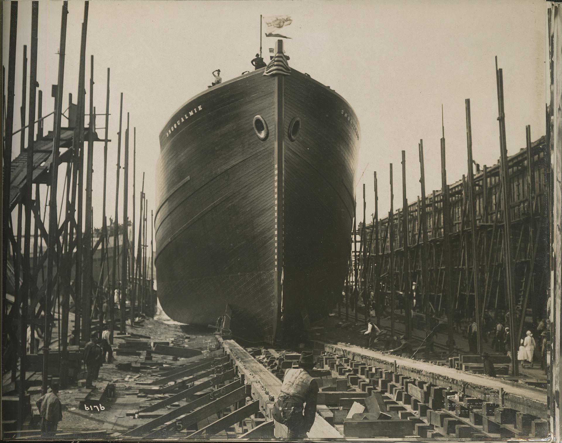 Image of Launch of the steamer Snoqualmie at the Puget Sound Bridge & Dredging Company shipyard, Seattle, August 11, 1919