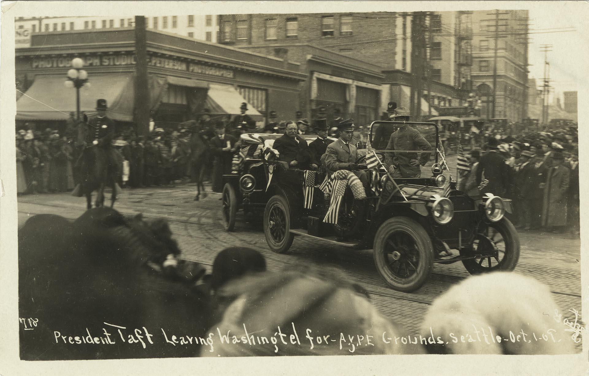 Image of President Taft in car heading to the Alaska-Yukon-Pacific Exposition, Seattle, October 1, 1909