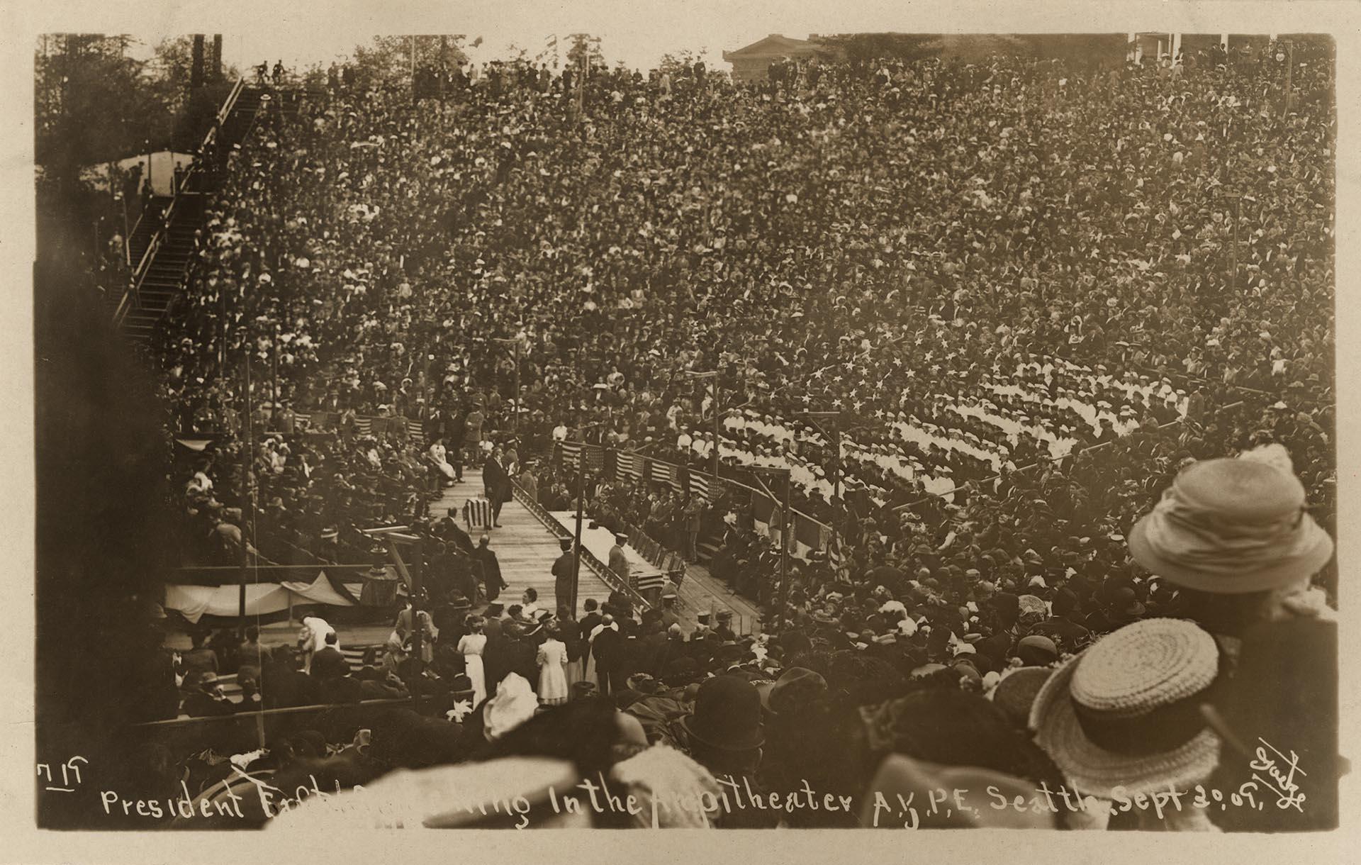 Image of President Taft speaking in the amphitheater at the Alaska-Yukon-Pacific Exposition, Seattle, September 30, 1909