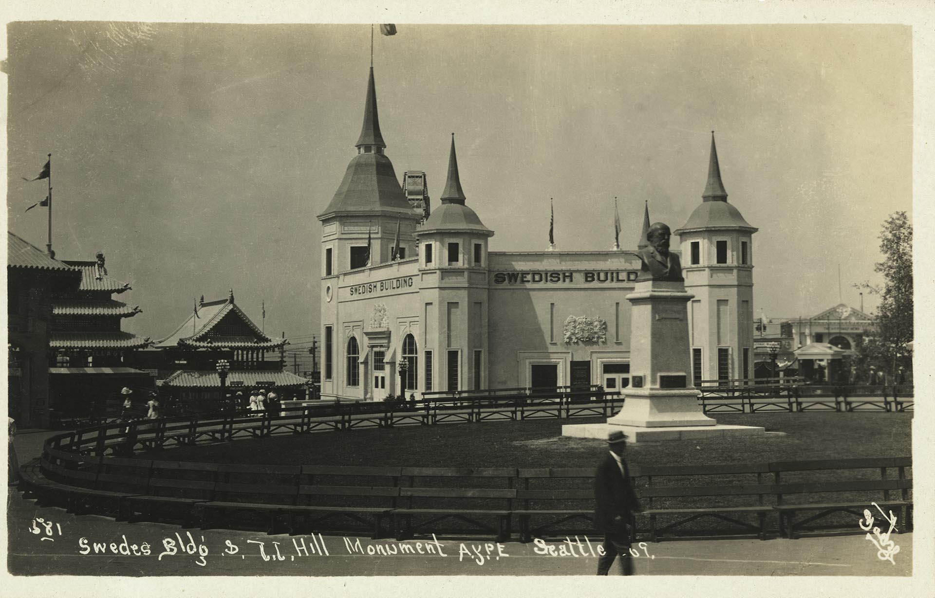Image of Swedish Building and James J. Hill monument at the Alaska-Yukon-Pacific Exposition, Seattle, 1909