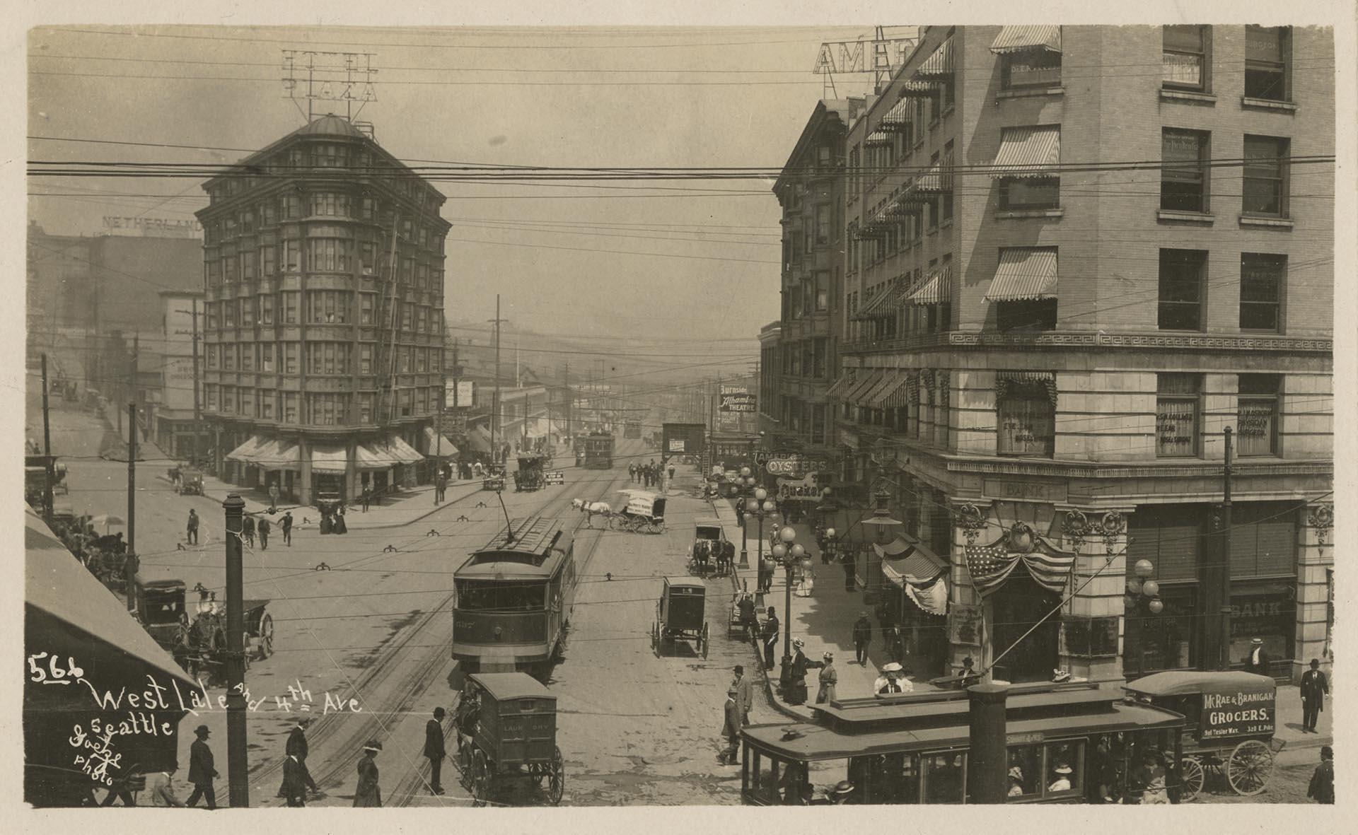 Image of Birds-eye view of intersection at Westlake and Fourth Avenue, Seattle, 1909