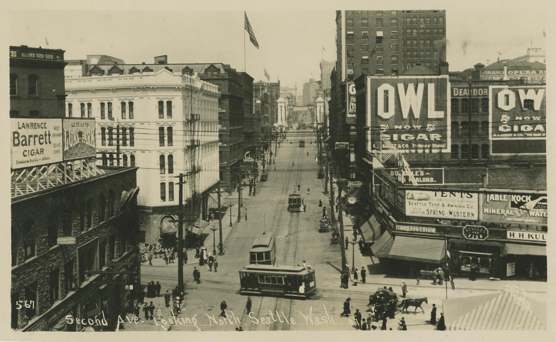 Image of Birds-eye view of Second Avenue looking north, Seattle, 1909