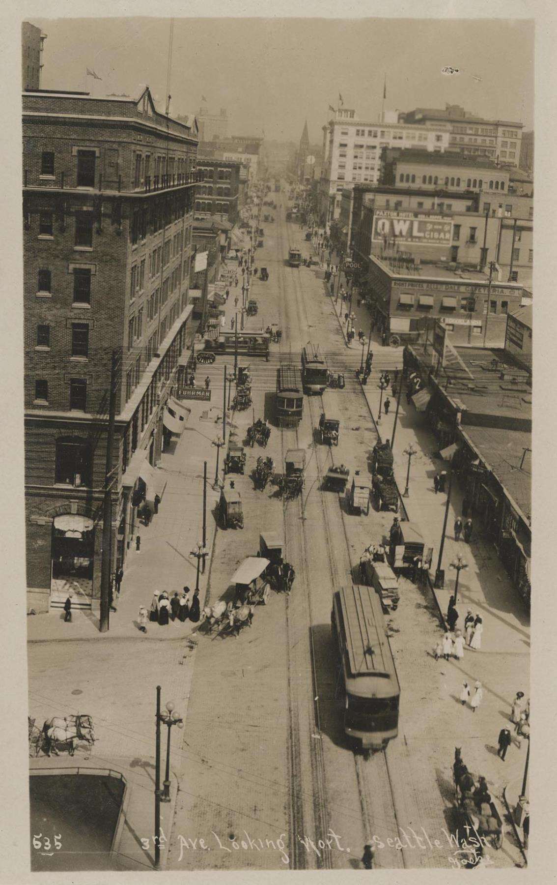 Image of Birds-eye view of Third Avenue looking north, Seattle, 1909