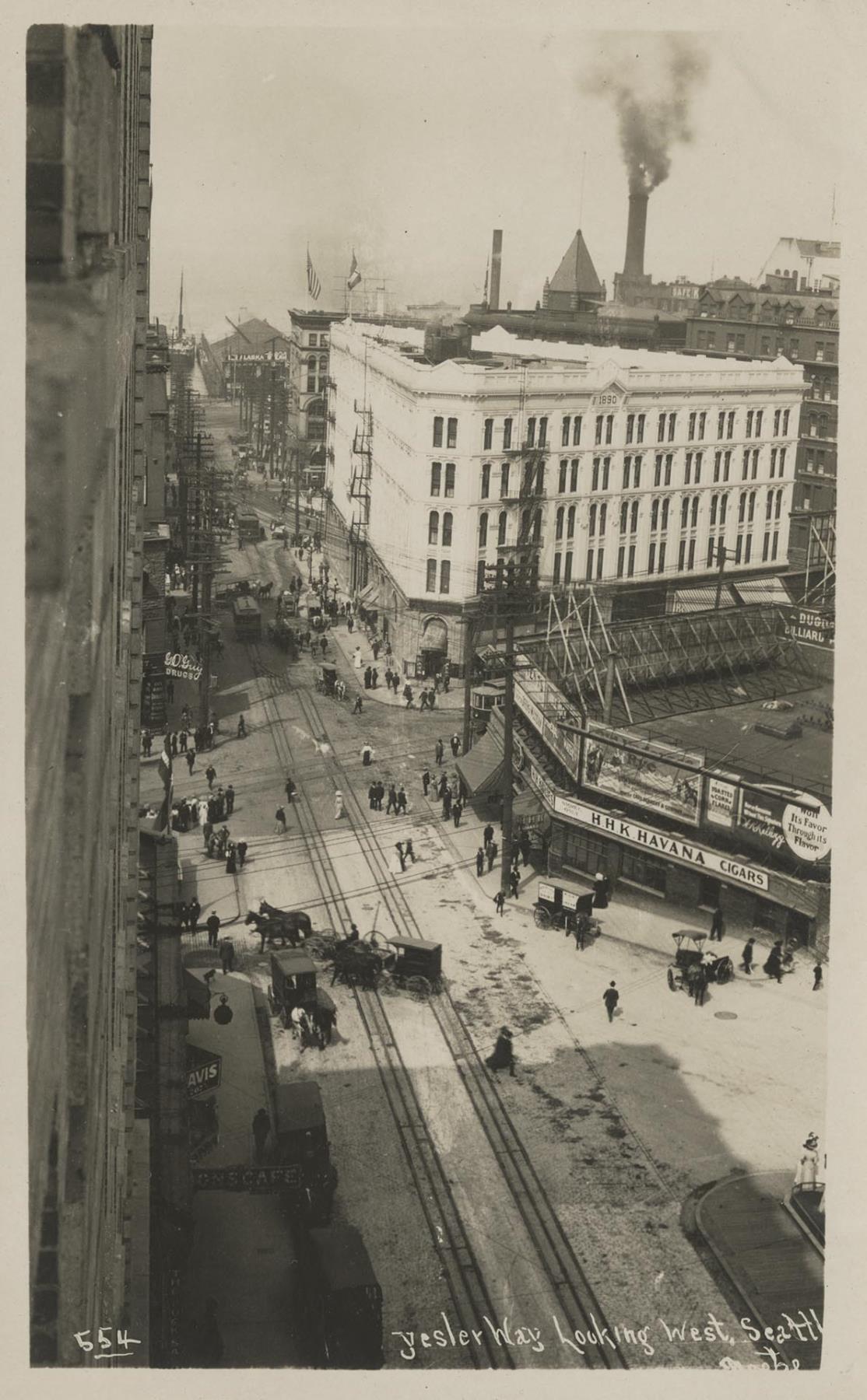 Image of Birds-eye view of Yesler Way looking west, Seattle, 1909