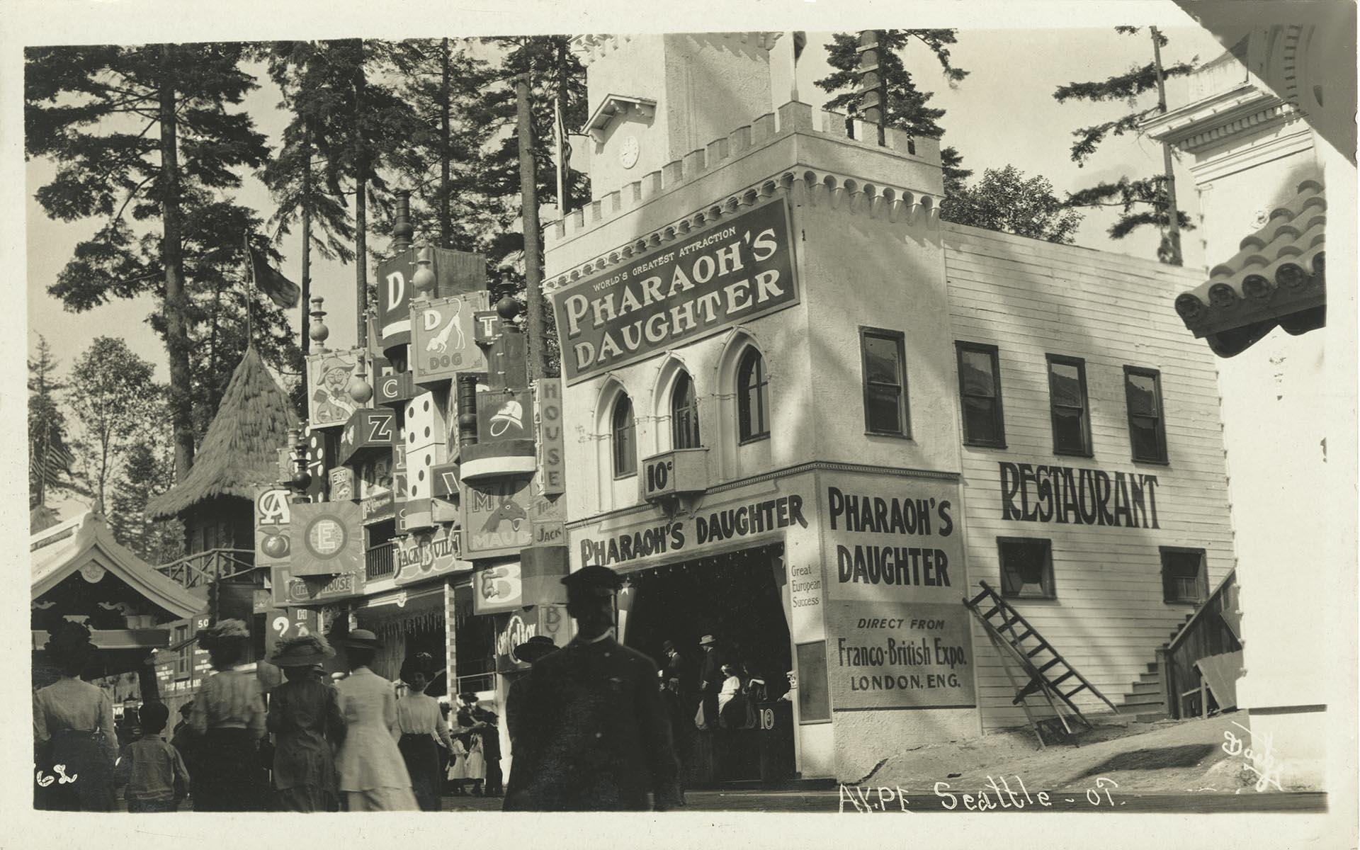 Image of Pharoah's Daughter exhibit on the Pay Streak at the Alaska-Yukon-Pacific Exposition, Seattle, 1909