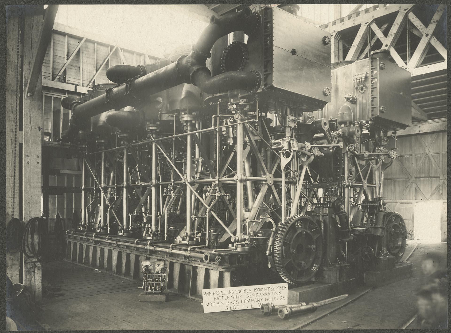 Image of Engines for the USS Nebraska at Moran Brothers shipyard, Seattle, circa 1903