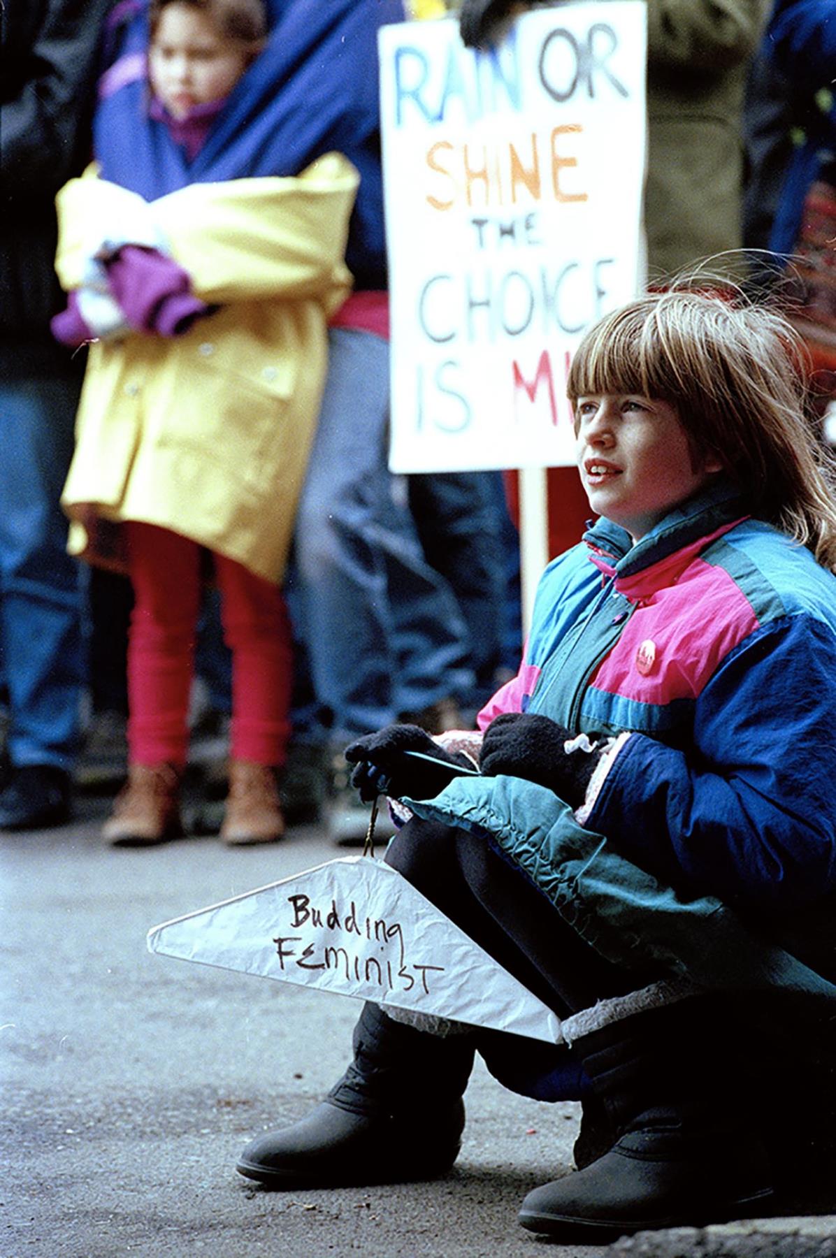 Image of Young girl at NOW rally at King Street Station, Seattle, April 5, 1992