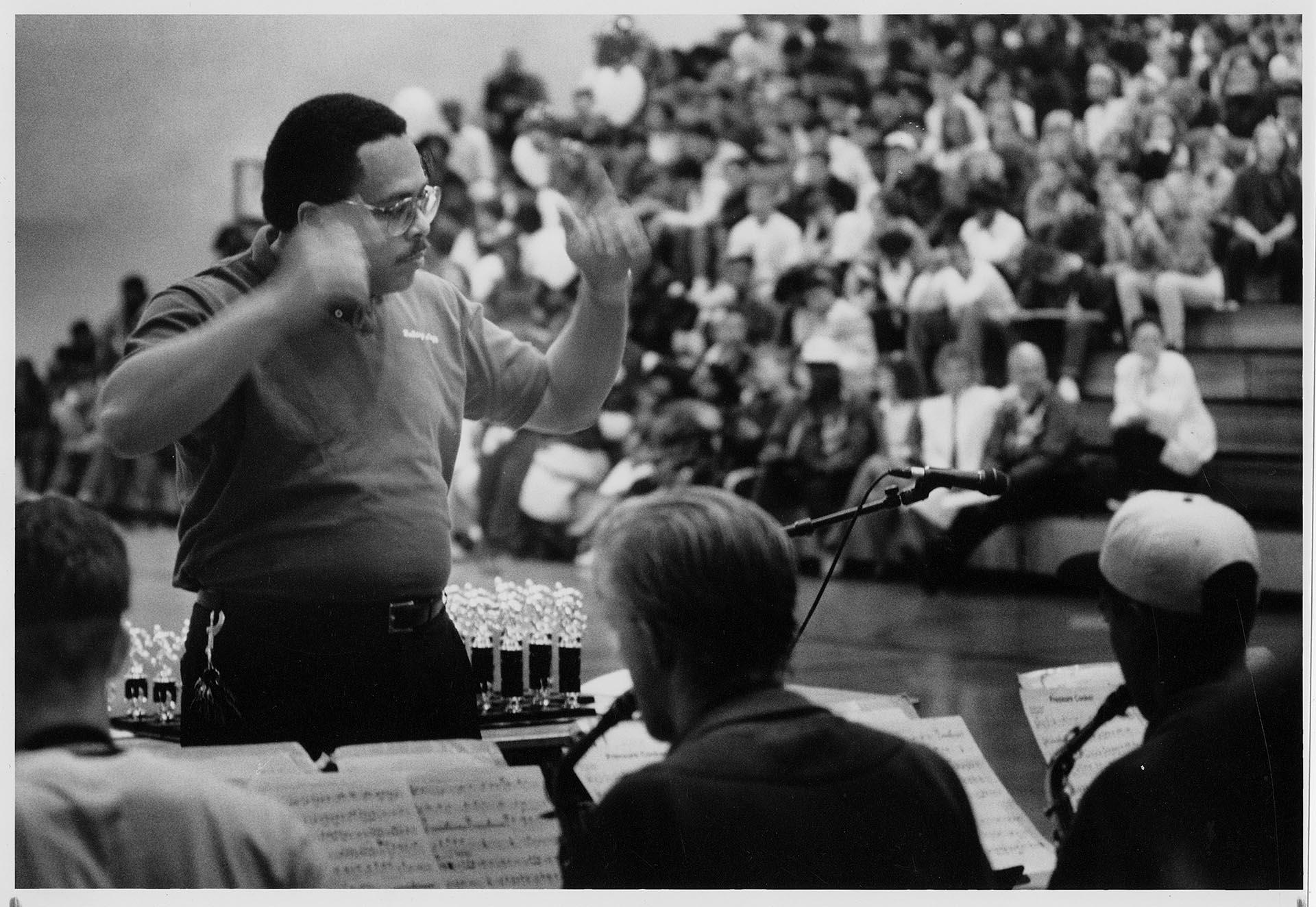 Image of Clarence Acox directing Jazz Ensemble at Garfield High School, Seattle, May 11, 1991
