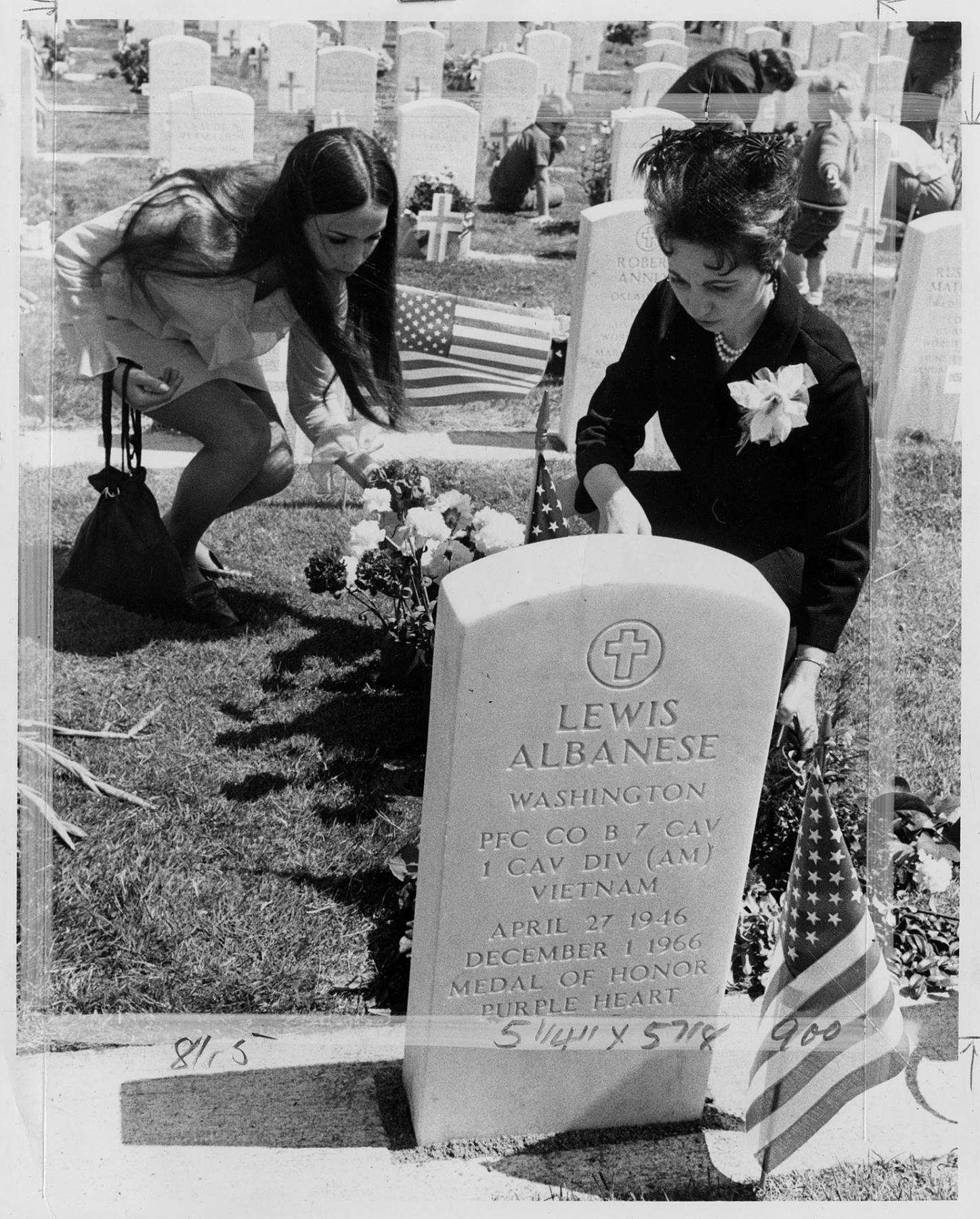 Image of Grave of Lewis Albanese visited by his mother and sister on Memorial Day, May 30, 1968