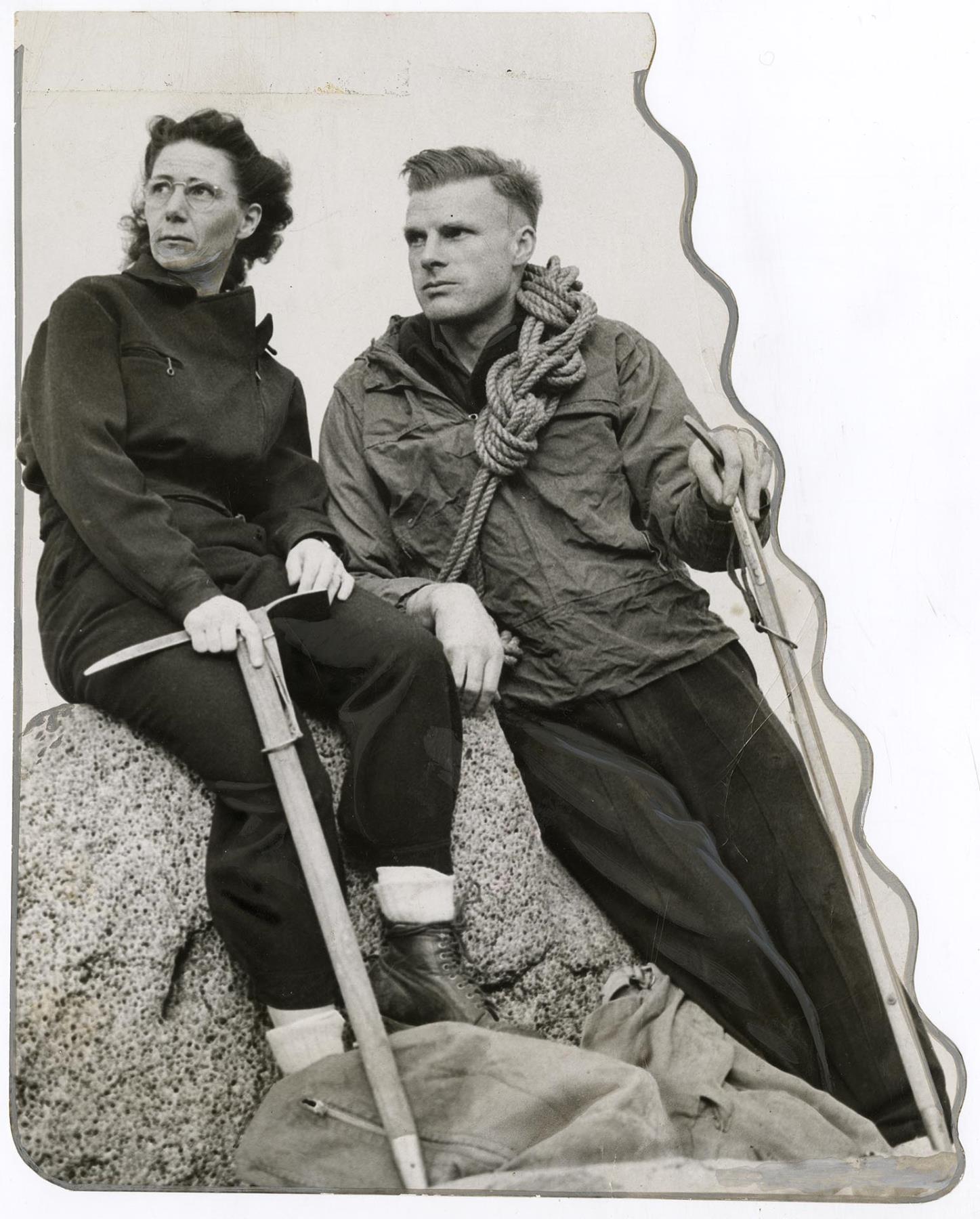 Image of Lloyd and Mary Anderson pose in climbing gear, December 15, 1946