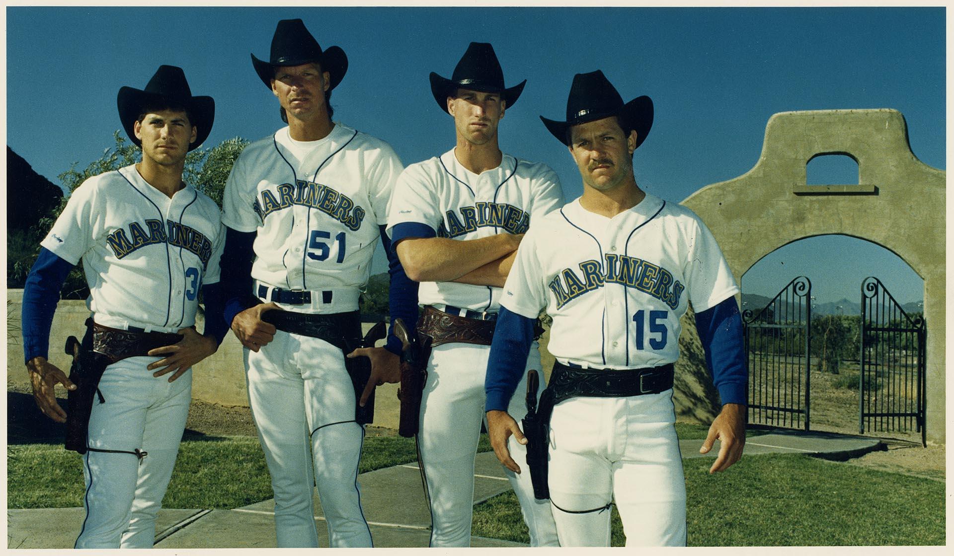 Image of Mariners pitchers posing as cowboys, April 3, 1990