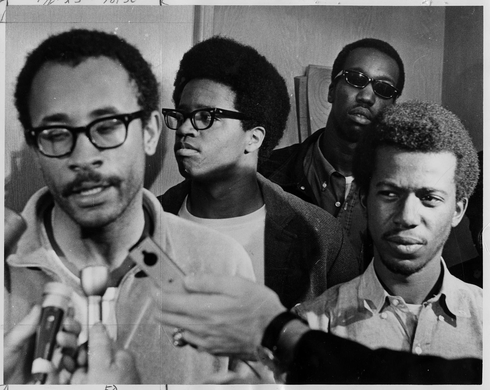 Image of UW Black Student Union students speaking to press, May 20, 1968