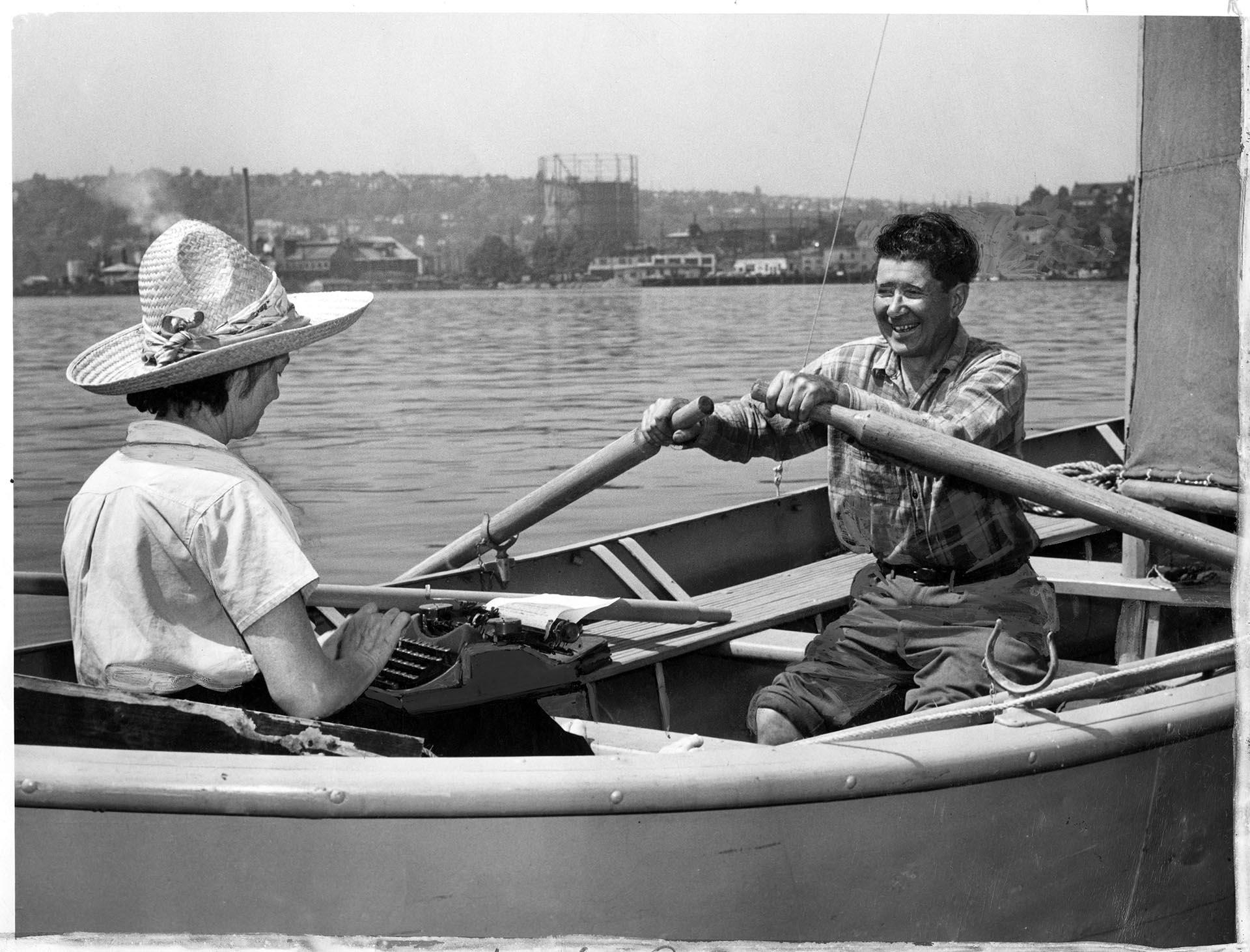 Image of Farrar and June Burn testing their boat, the San Juanderer, in Lake Washington, Seattle, June 2, 1946
