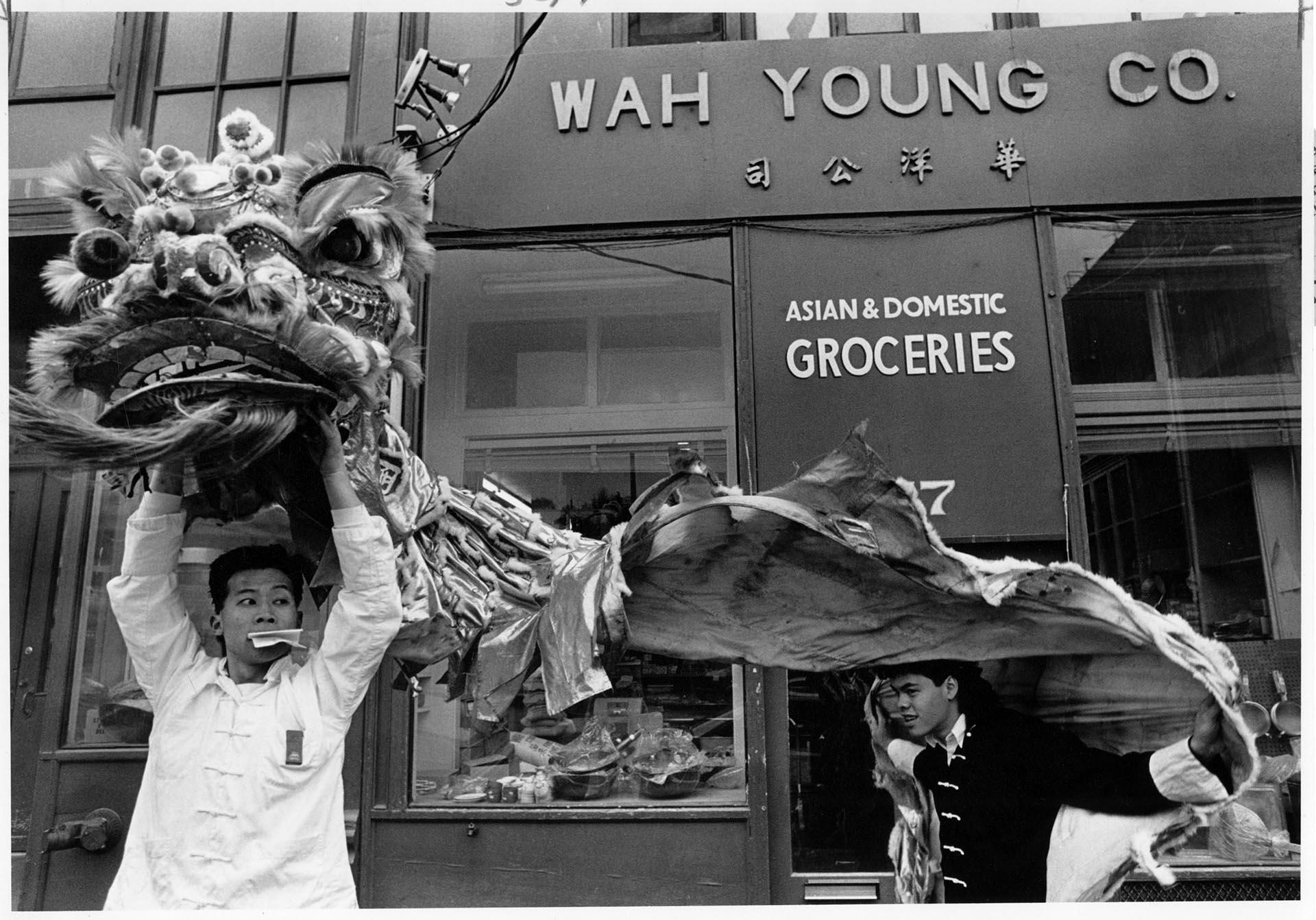 Image of Lion dancers lifting costume on S. King Street, Seattle, January 15, 1989
