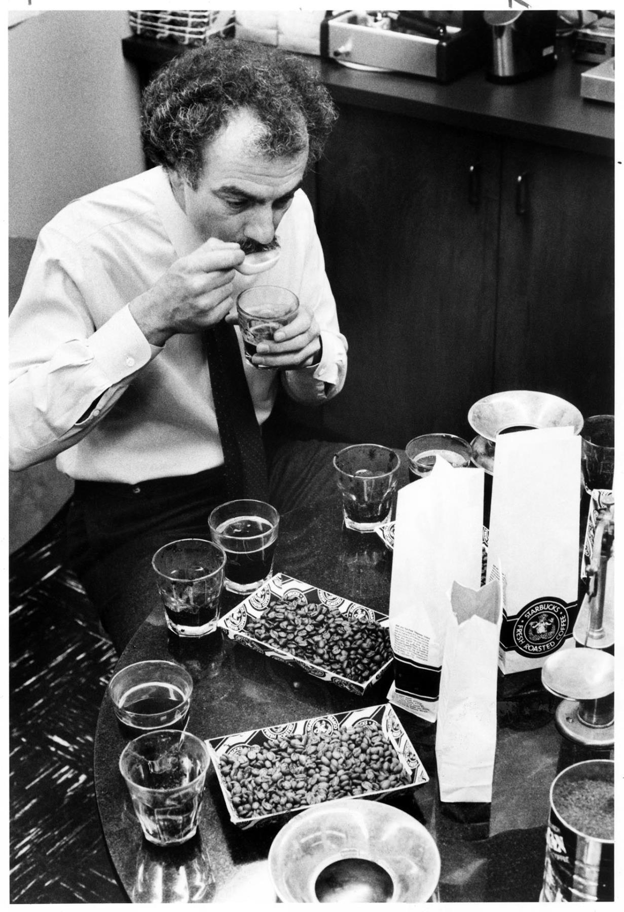 Image of Jim Reynolds tasting coffee samples at Starbucks, Seattle, January 1983