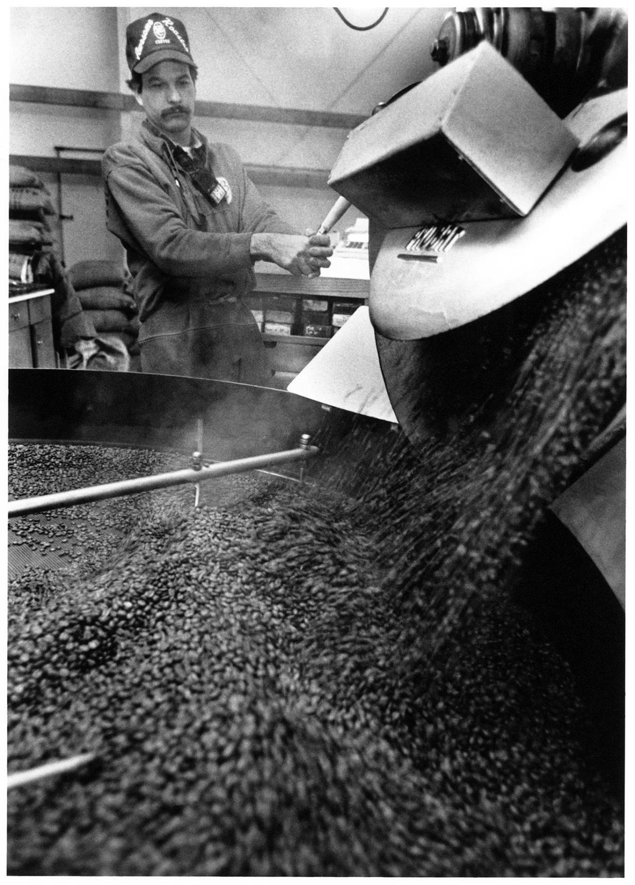 Image of Steve Hamilton roasting coffee beans at Seattle's Best Coffee, March 22, 1991