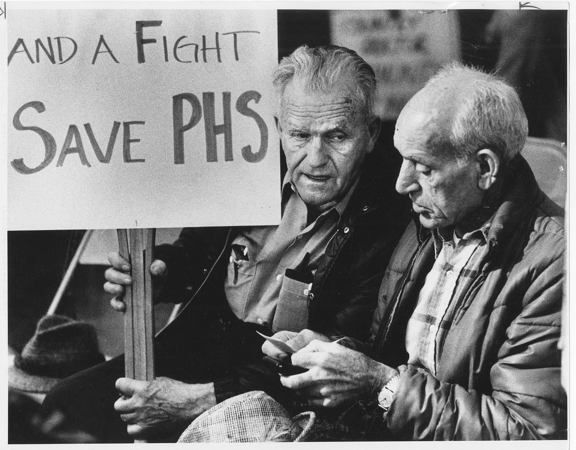 Image of Army veterans at meeting to save the Public Health Hospital, Seattle, April 24, 1981
