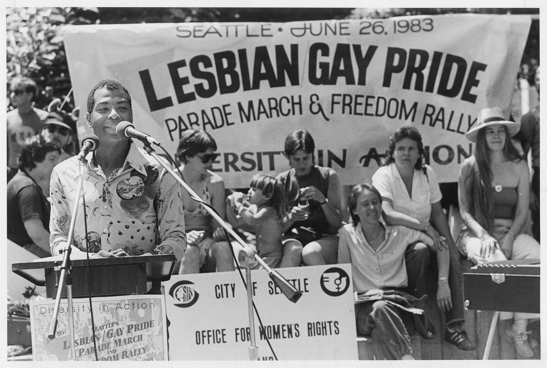 Image of Perry Watkins speaking at Pride Week rally, Seattle, June 26, 1983
