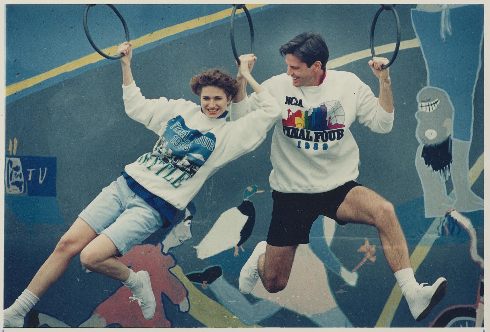 Image of Nordstrom models wearing Final four sweatshirts, Seattle, March 27, 1989