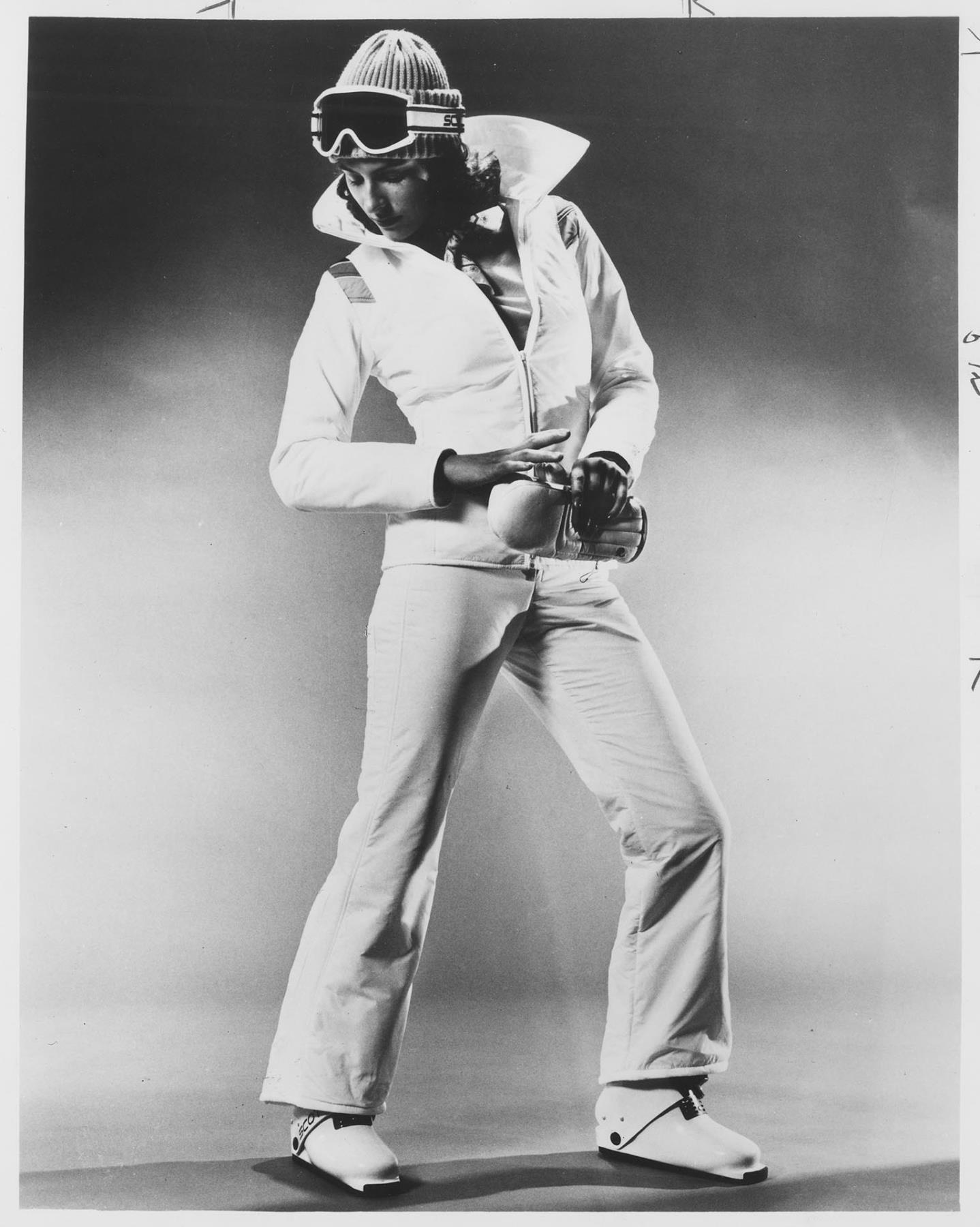 Image of Model posing in Roffe ski wear, Seattle, November 23, 1978