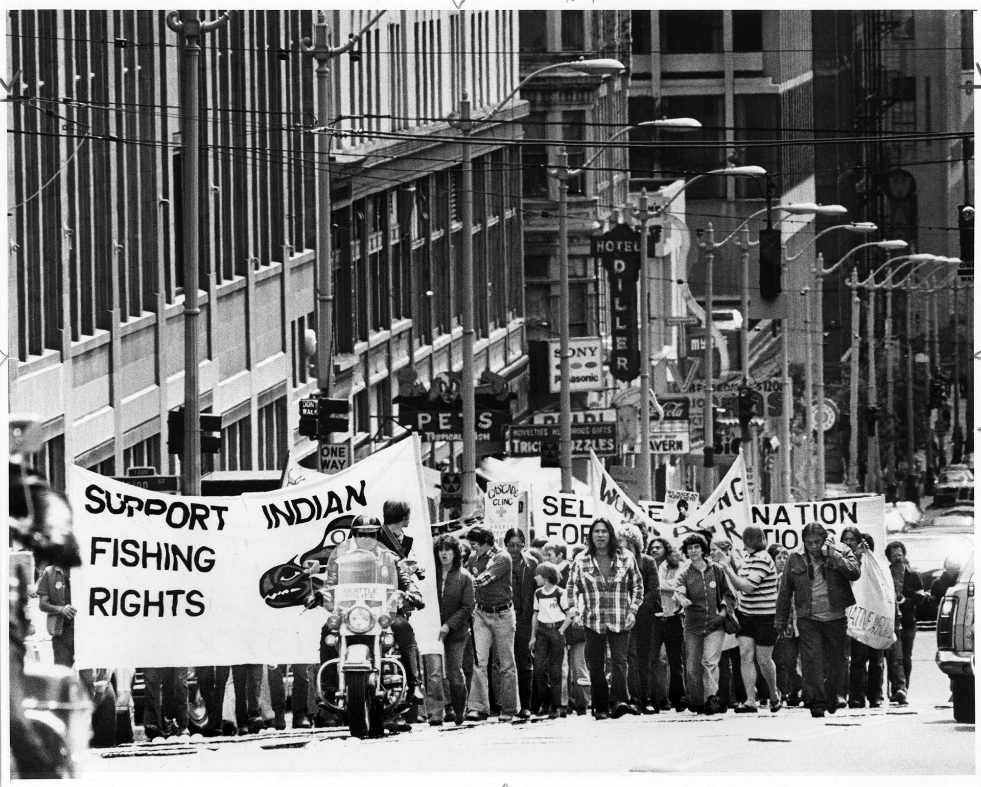 Image of Marchers protesting infringements on Native fishing rights, Seattle, May 12, 1979