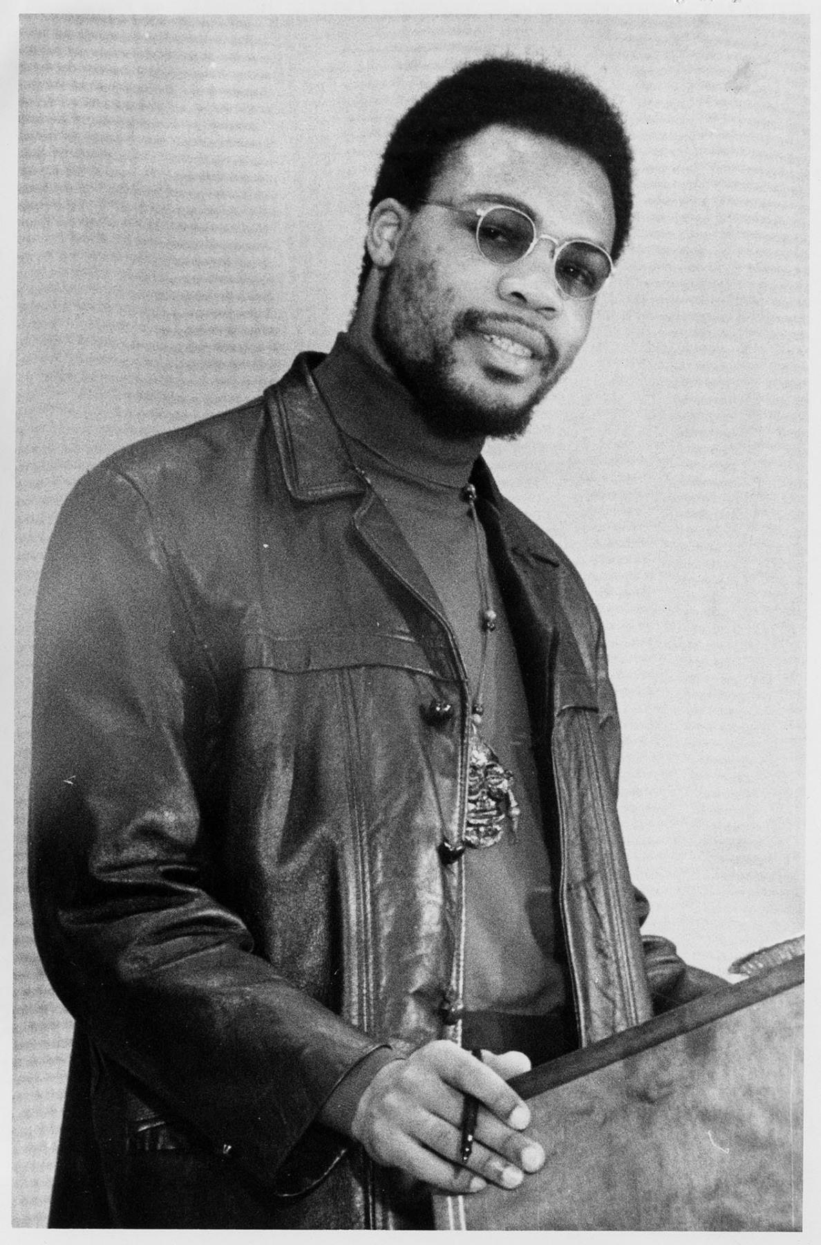 Image of BSU member Billy Jackson addressing SDS rally at UW, April 4, 1969