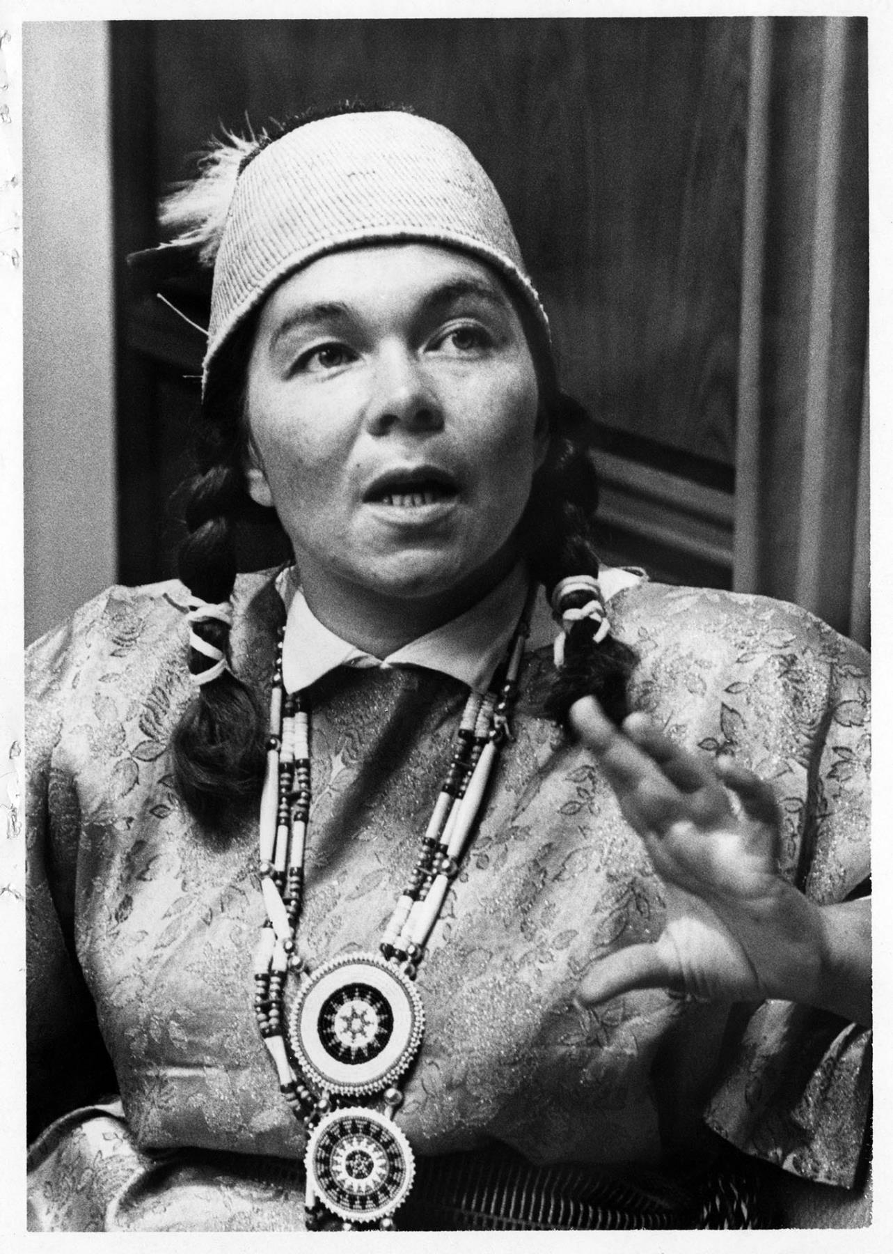 Image of Janet McCloud speaking at press conference, Olympia, July 3, 1968