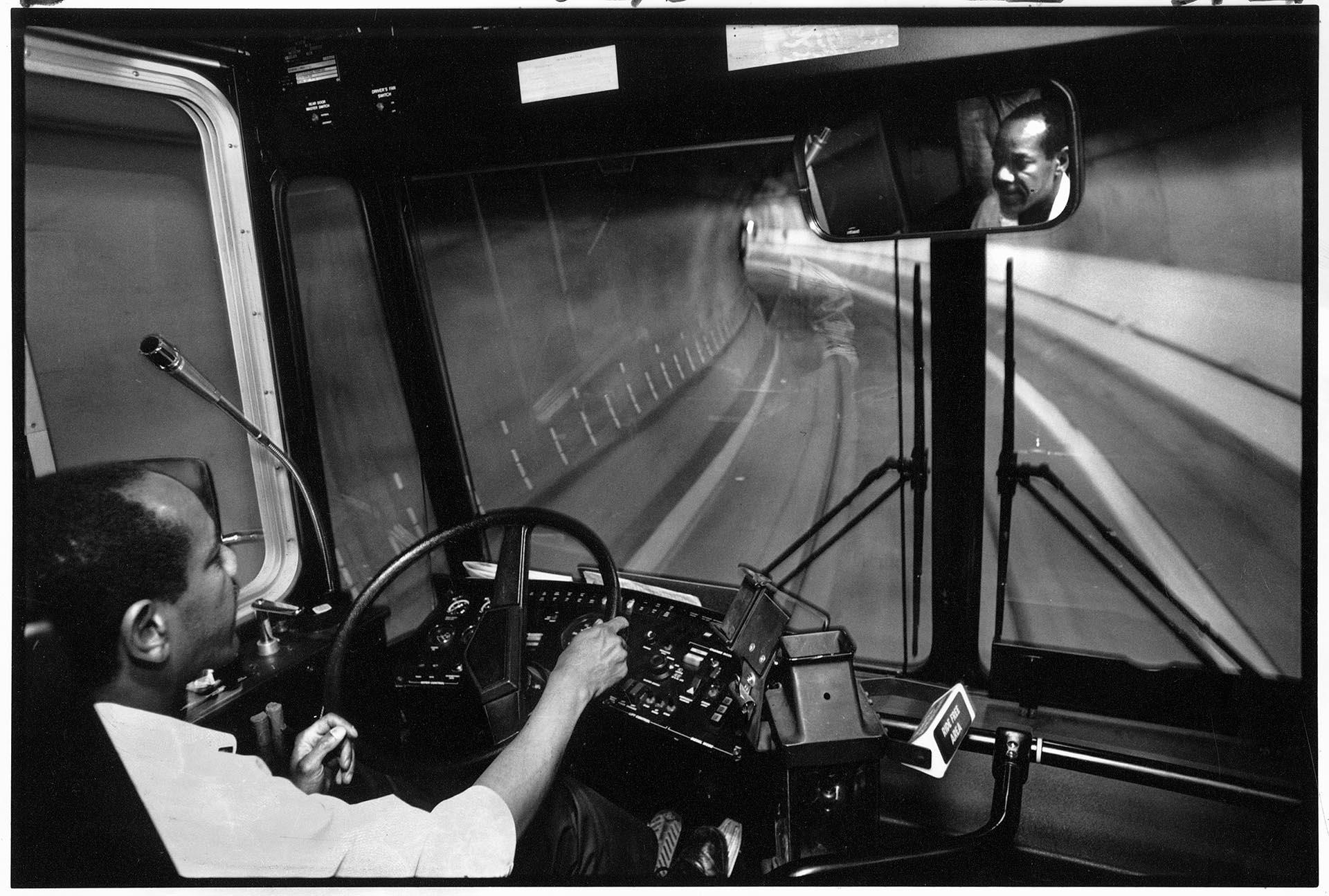 Image of Sherman Alston driving bus through Metro bus tunnel, Seattle, May 4, 1990