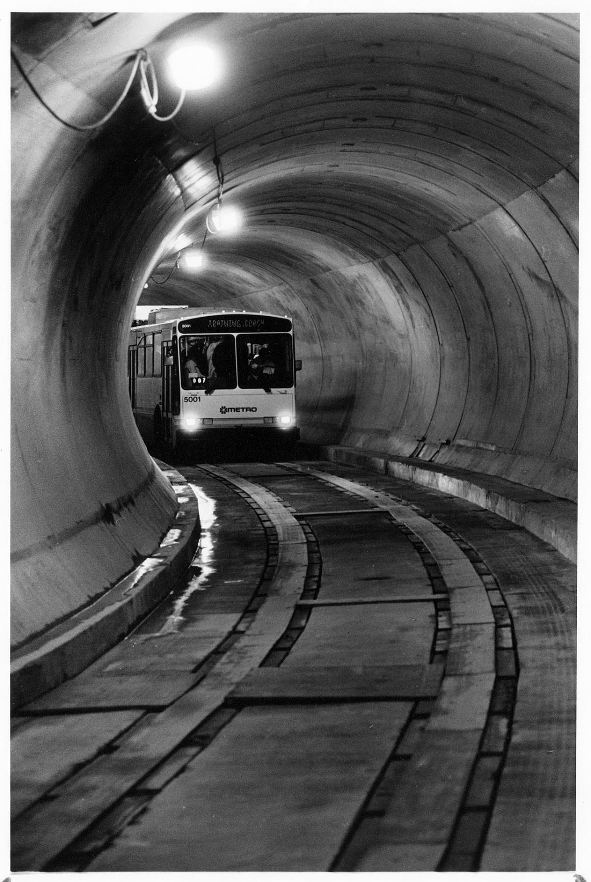 Image of Bus entering Metro tunnel, Seattle, March 16, 1989