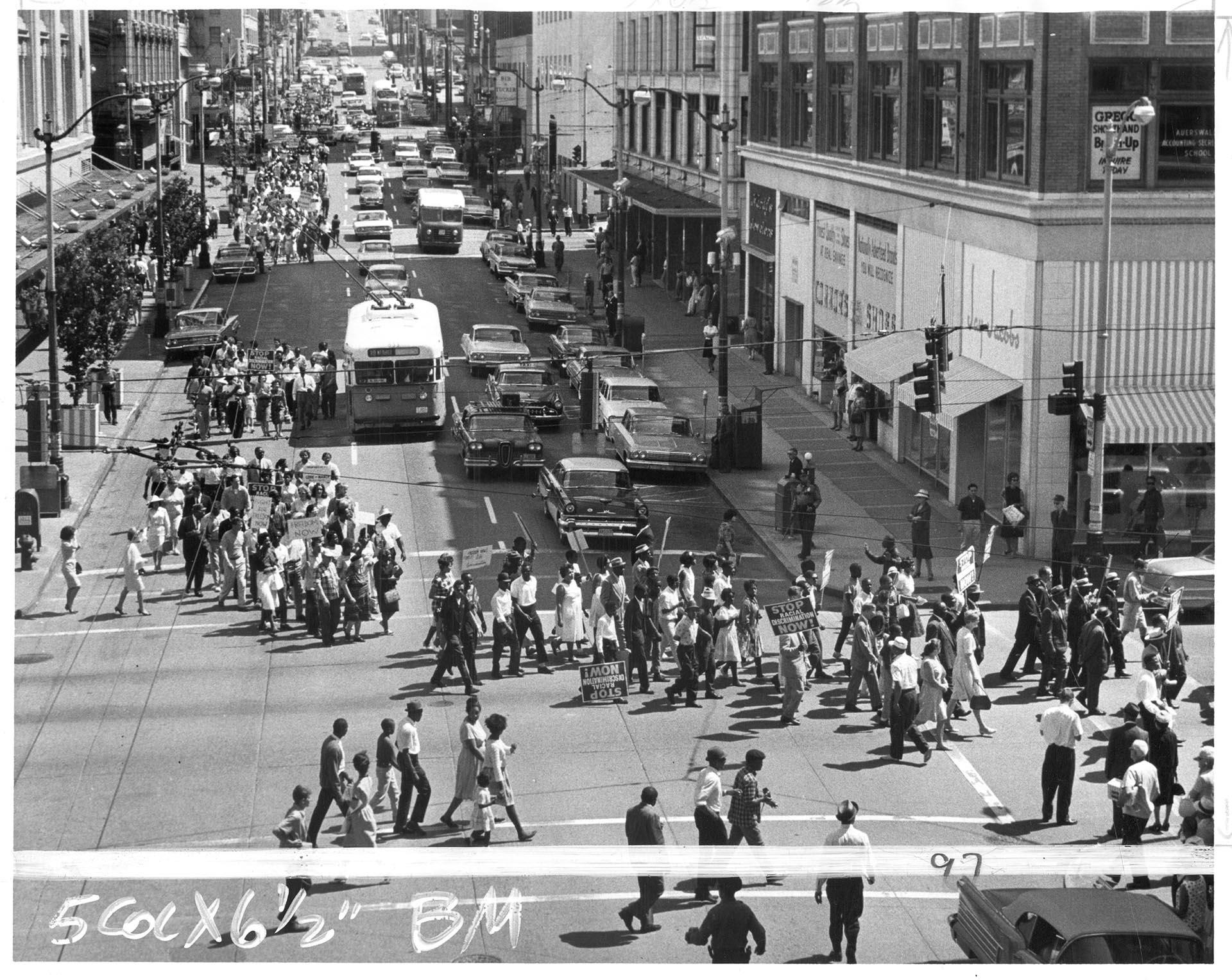 Image of Anti-discrimination march at 5th and Pine, Seattle, June 15, 1963