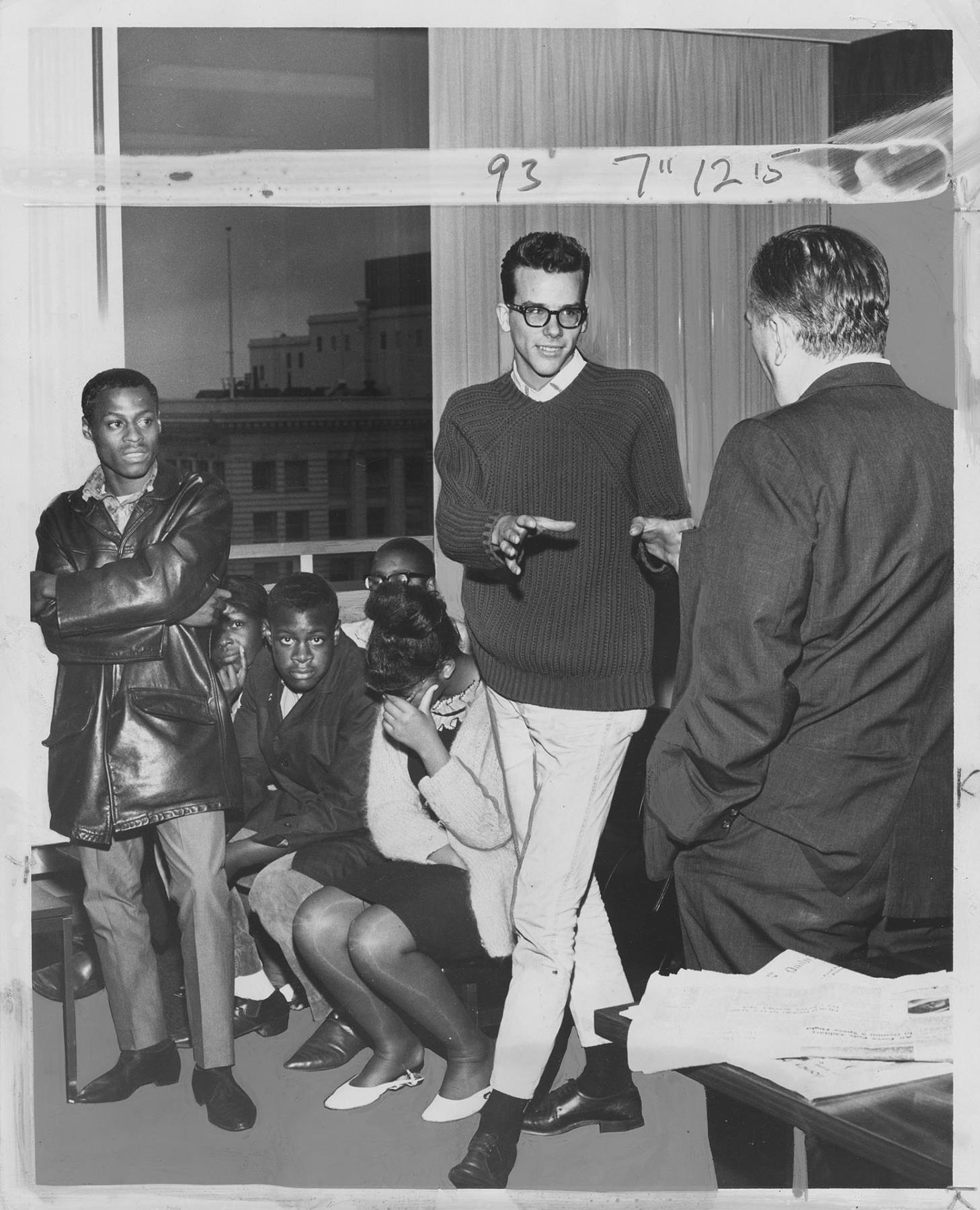 Image of Central Area youth with Ed Devine at Mayor's office, August 19, 1965