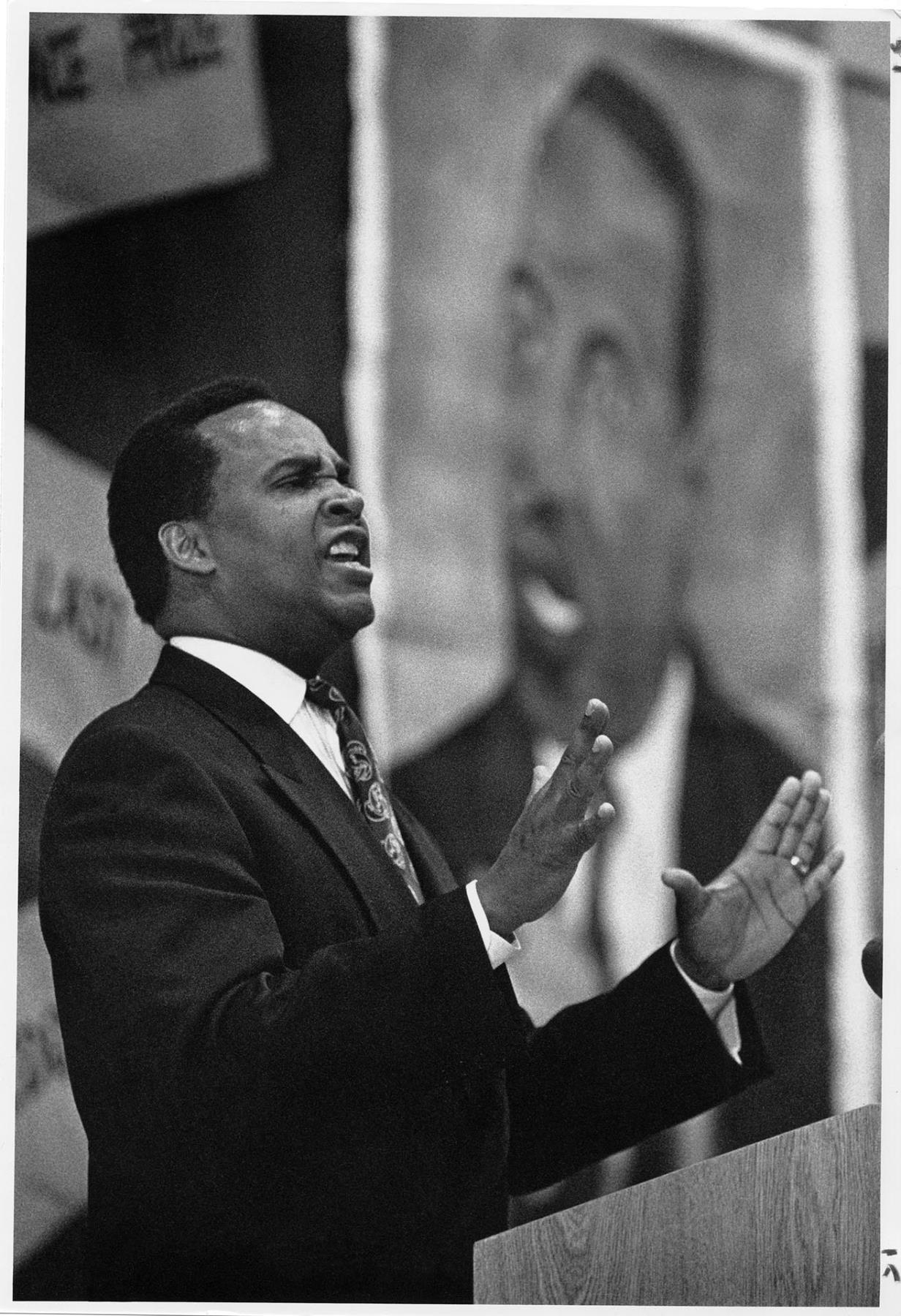 Image of Norm Rice speaking at Rainier Beach High School, Seattle, January 15, 1992