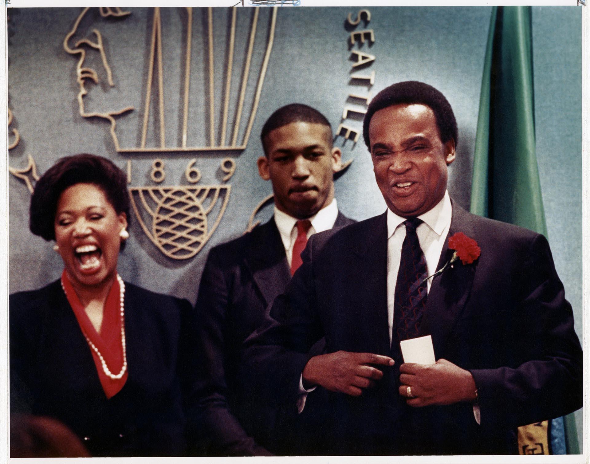 Image of Norm Rice, Constance Williams Rice, and Mian Rice, after Mayoral swearing-in, Seattle, January 2, 1990