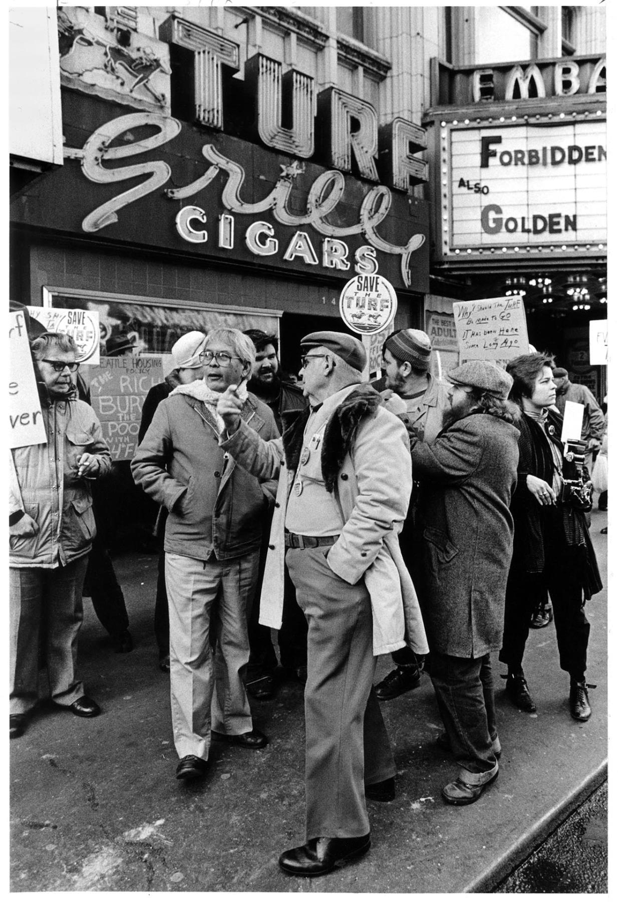 Image of Supporters of the Turf Grill and Smoke Shop gathering for protest, Seattle, November 28, 1984