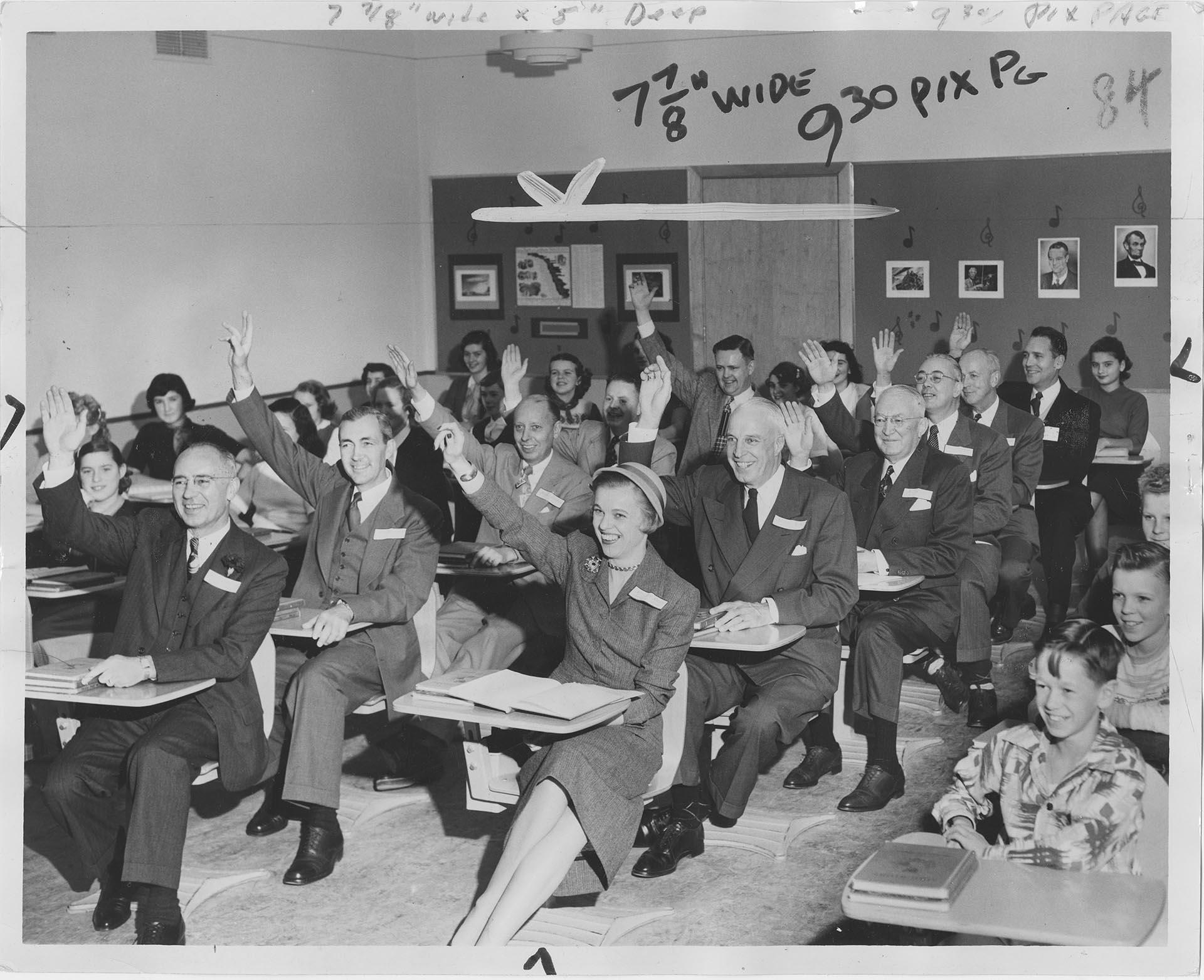 Image of Seattle business leaders in classroom at Sharples Jr. High, Seattle, November 20, 1952
