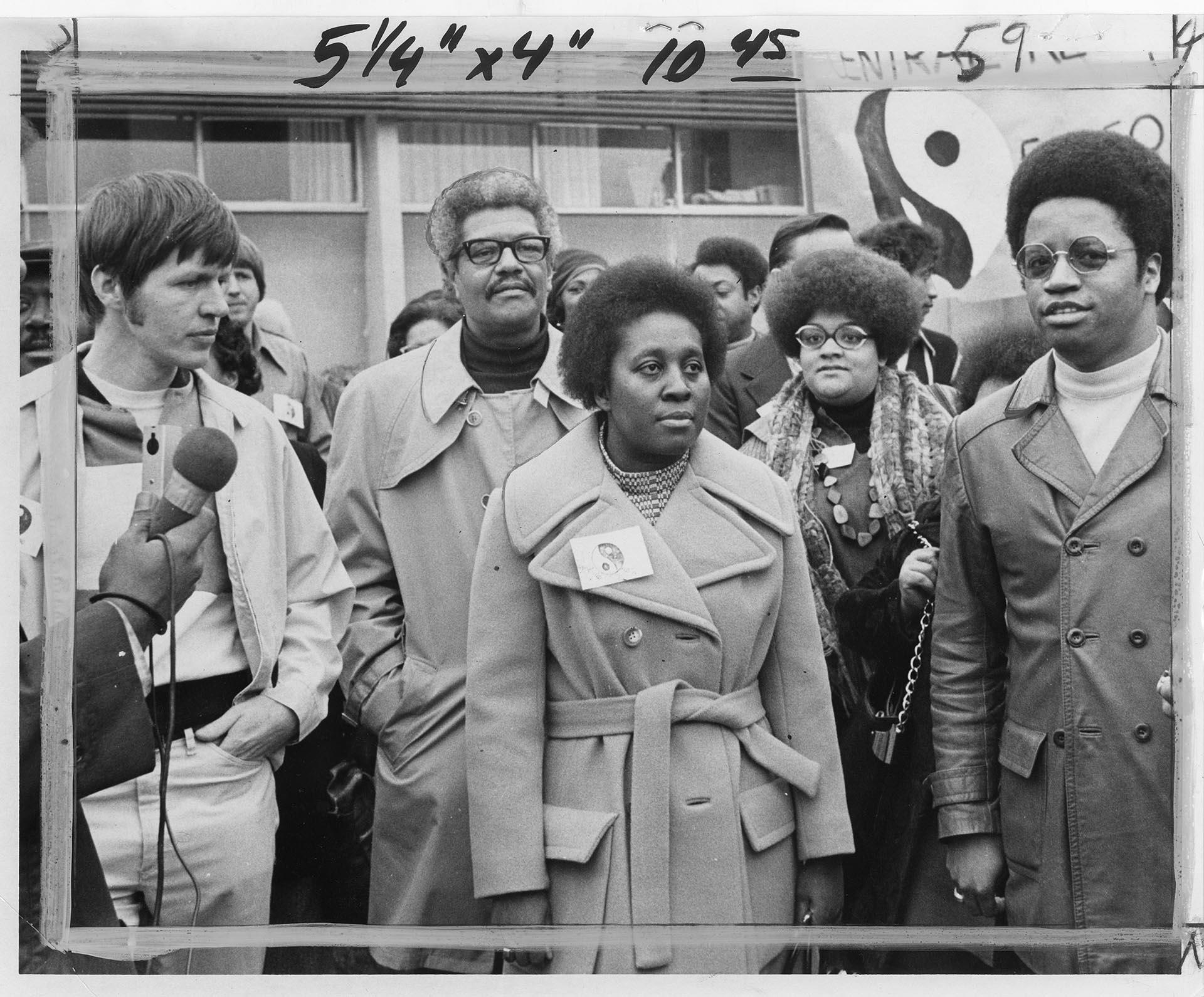 Image of Ethel Mitchell announcing the formation of the Black Alliance of Educators, Seattle, March 4, 1972