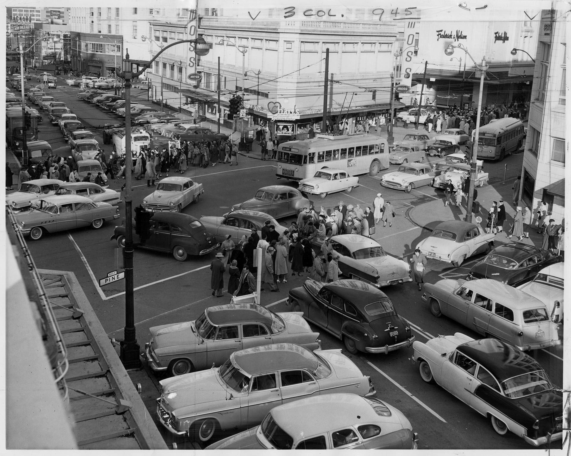 Image of Christmas traffic in downtown Seattle, December 22, 1955